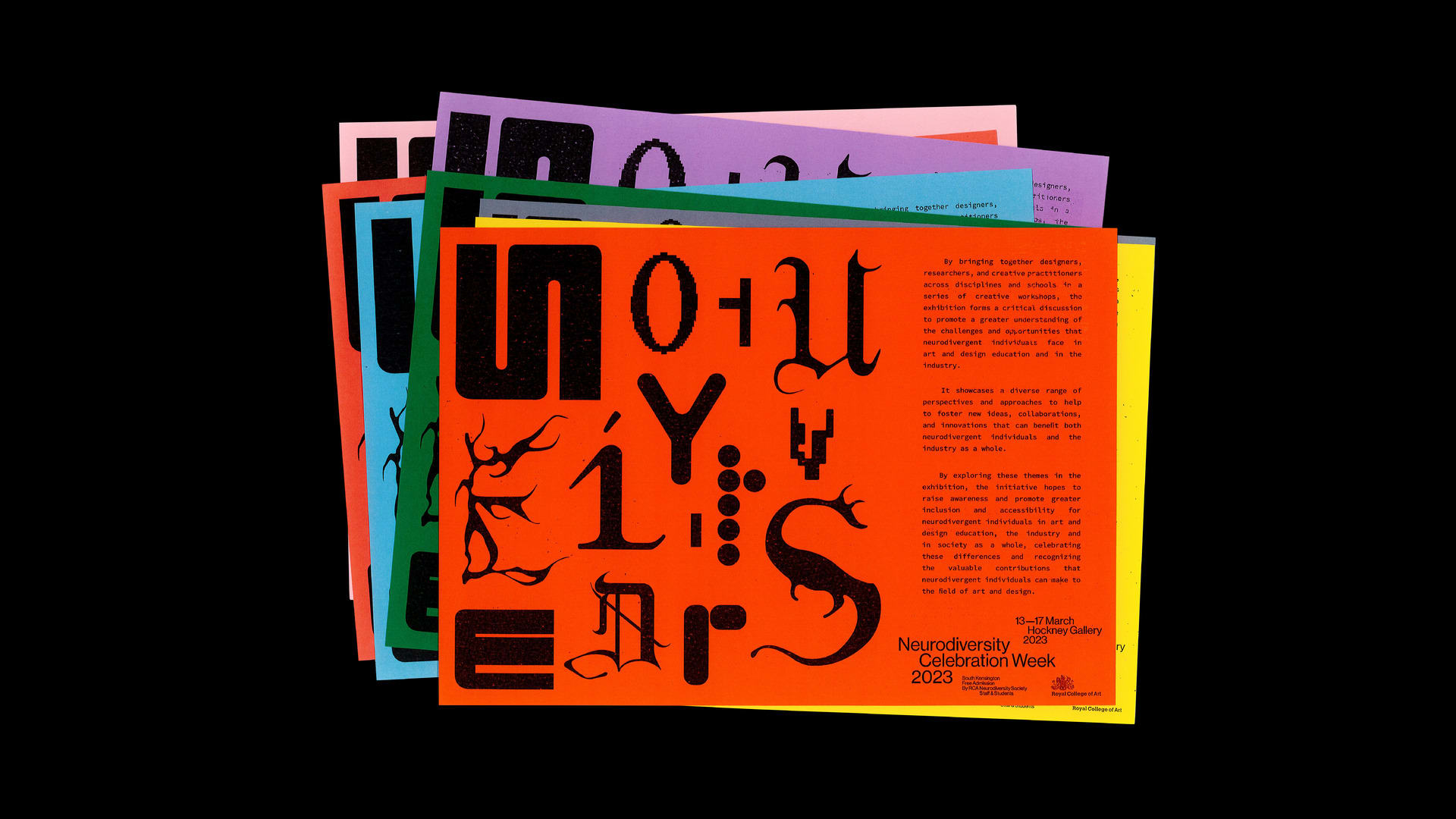 Orange exhibition guides with black glyph forms, each a different hand-drawn character spelling out ‘Neurodiversity’.