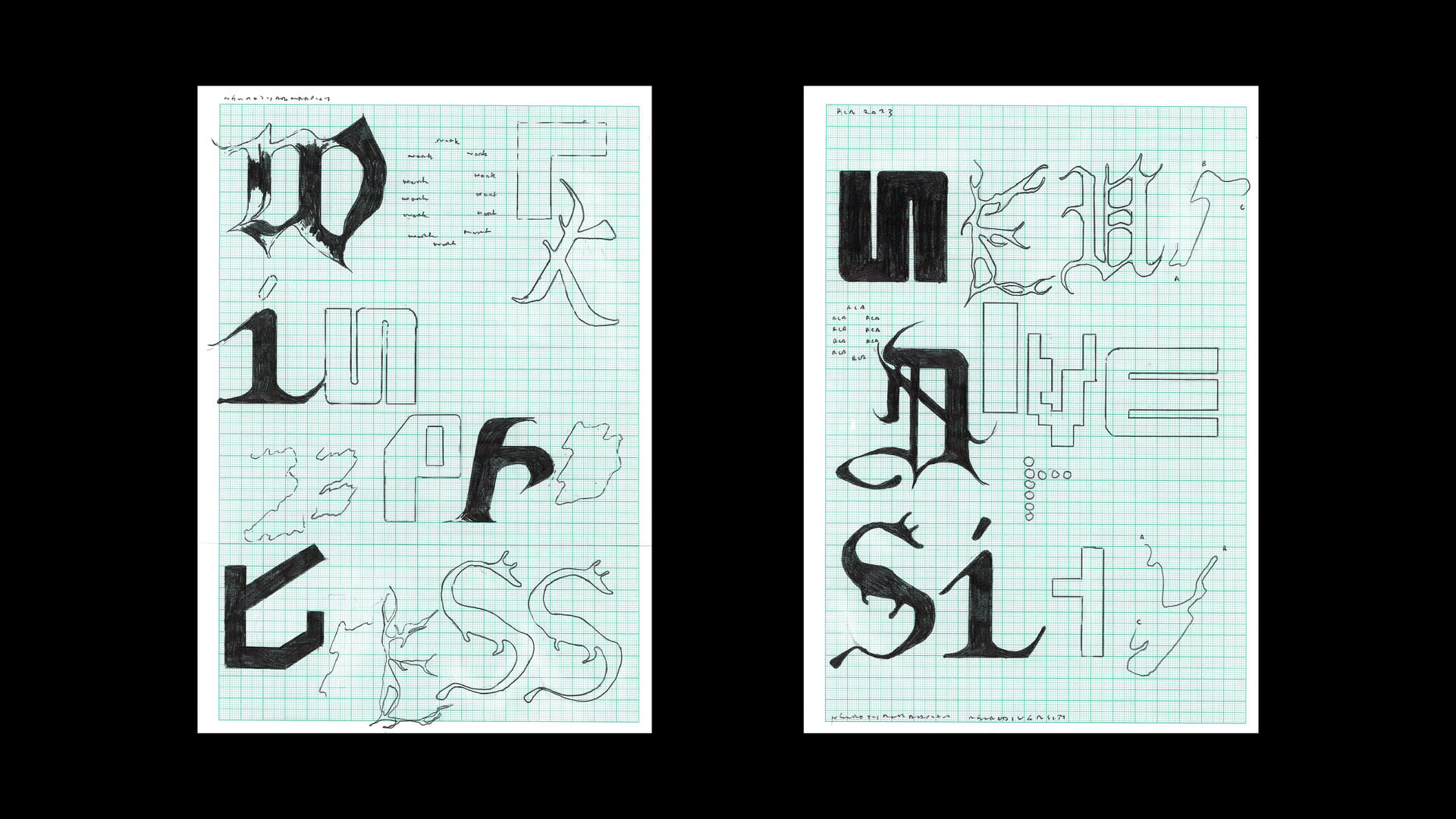 Two A4 graph paper sheets of pencil drawings, the left spells out ‘Work-in-Progress’ in glyphs, and the right ‘Neurodiversity'.