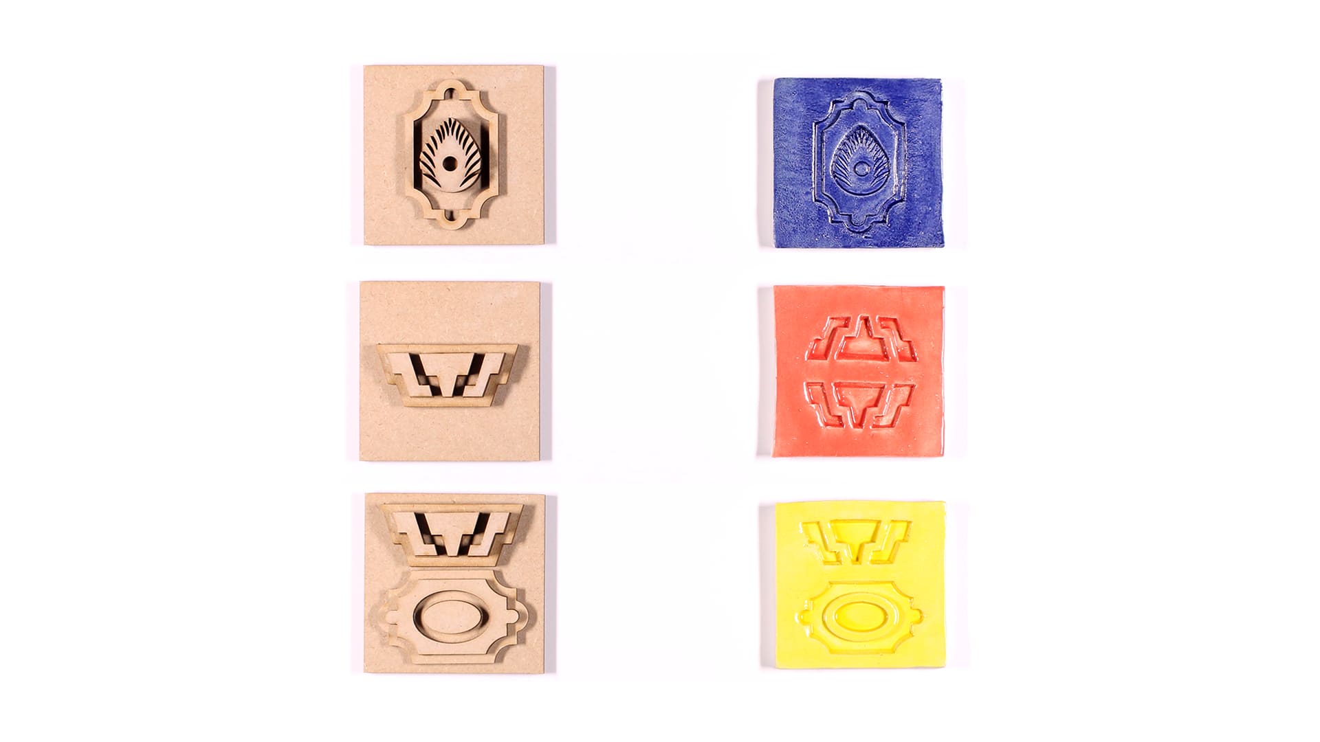 Making - Laser cut wooden stamps pressed into clay.
