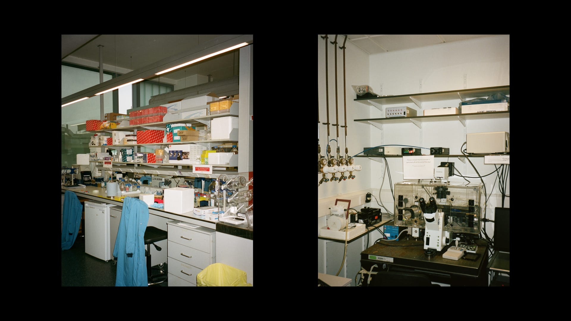 Photographs of the lab inside the department, on the left are boxes and utensils with a lab coat, on the right, a microscope. 