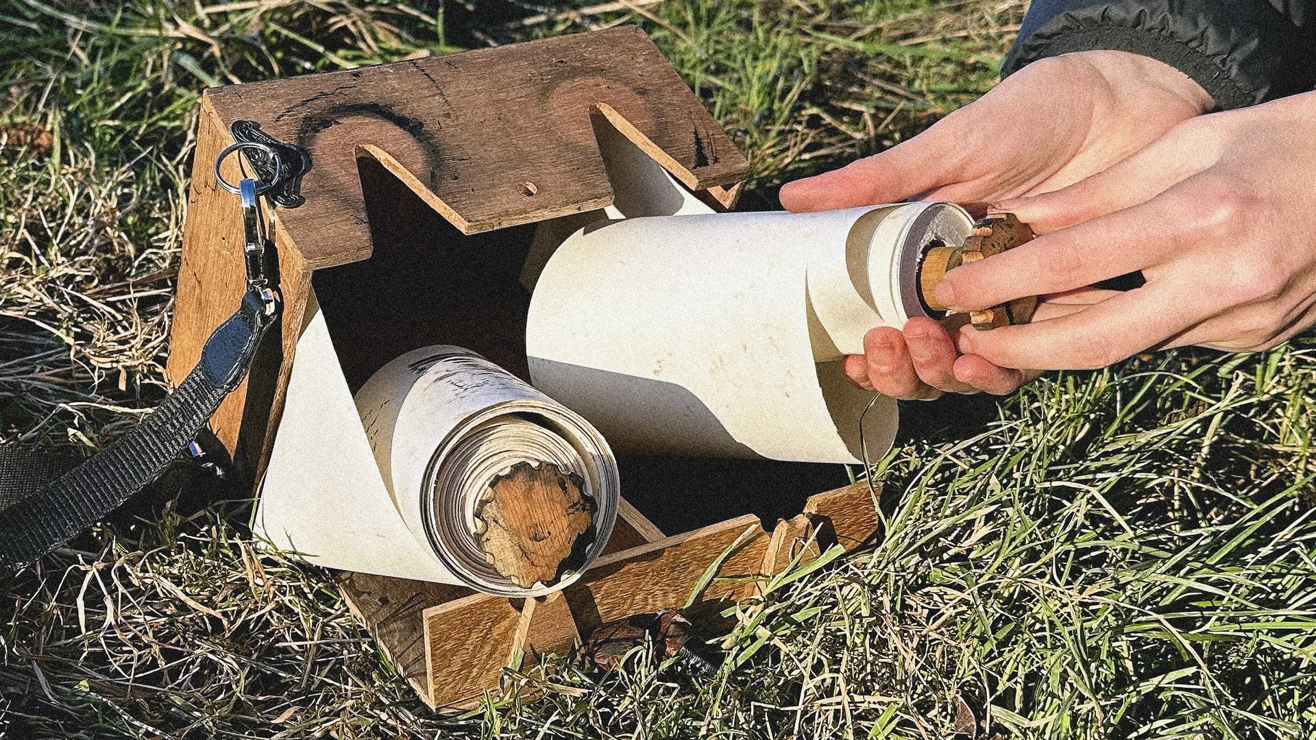 Two hands are holding an intricate wooden box containing a long scroll of paper with drawings on.