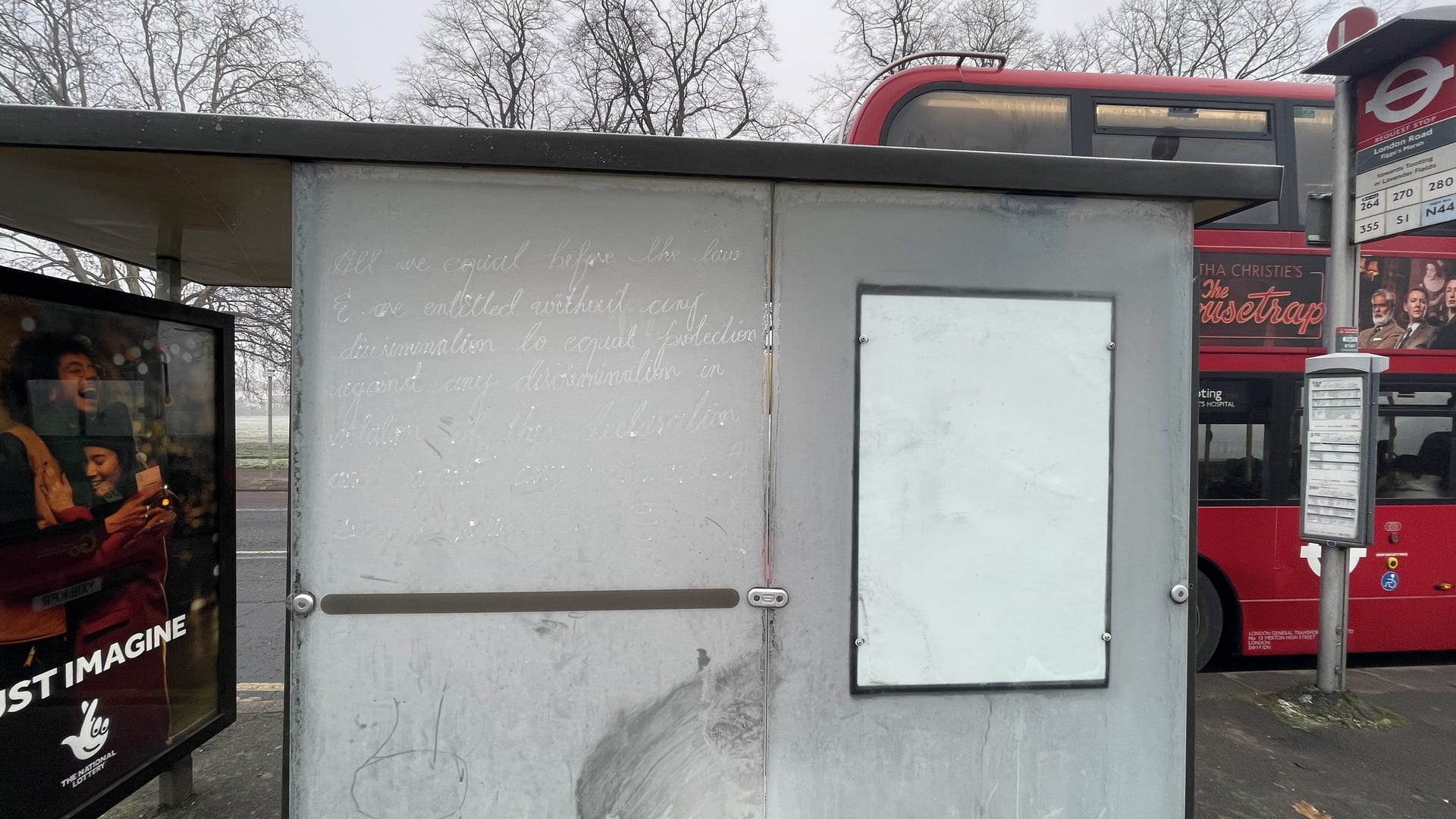 In this series, the UN's thirty fundamental human rights were inscribed on ice-covered glass sheets at London bus stations.