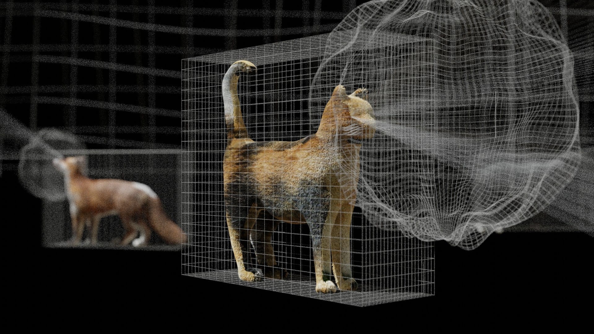 Sensory spheres based on the senses of the animal surround a cat and a fox, two animals which have different experiences of life