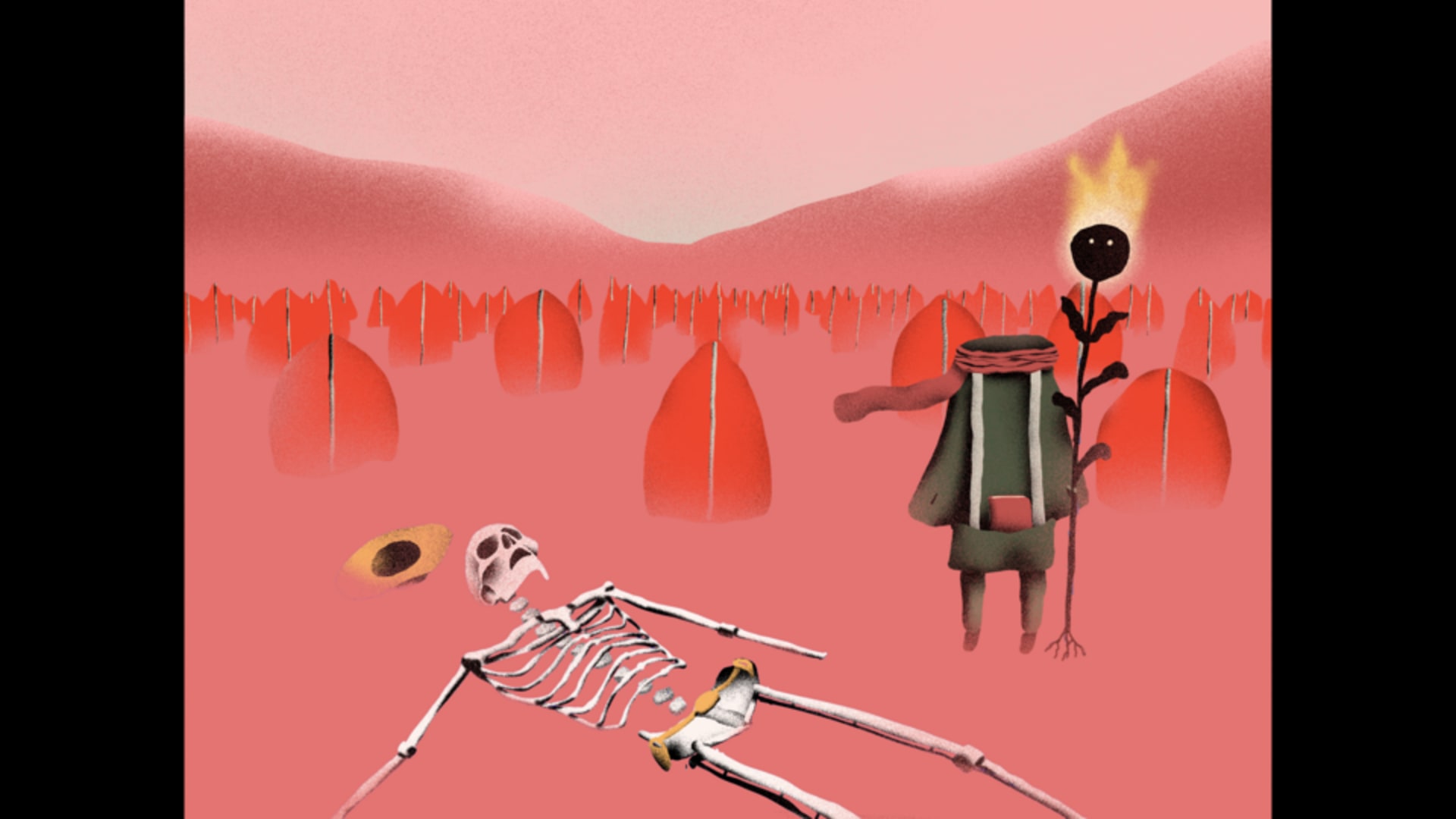 The Knowledge Forager and the Skeleton Cowboy meeting in a barren landscape.