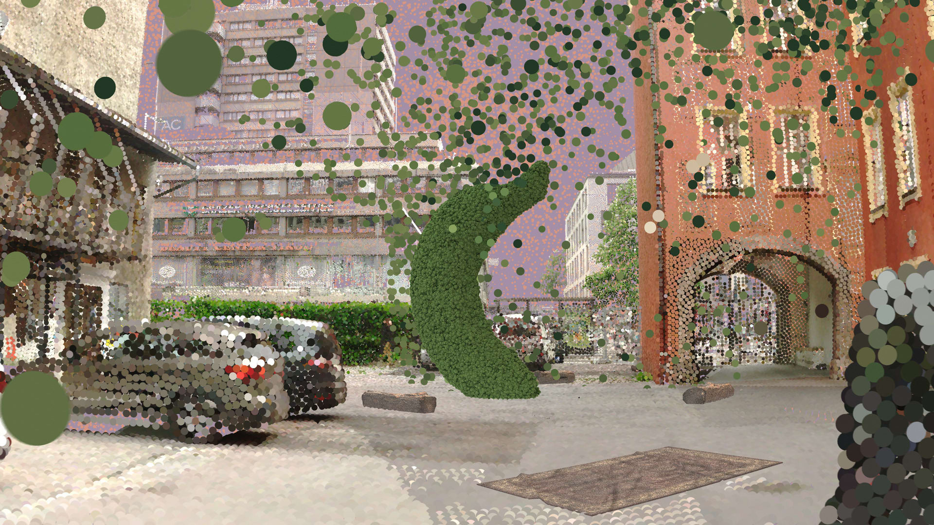 Urban environment made from many small coloured dots containing a large topiary  banana form in the middle of the scene