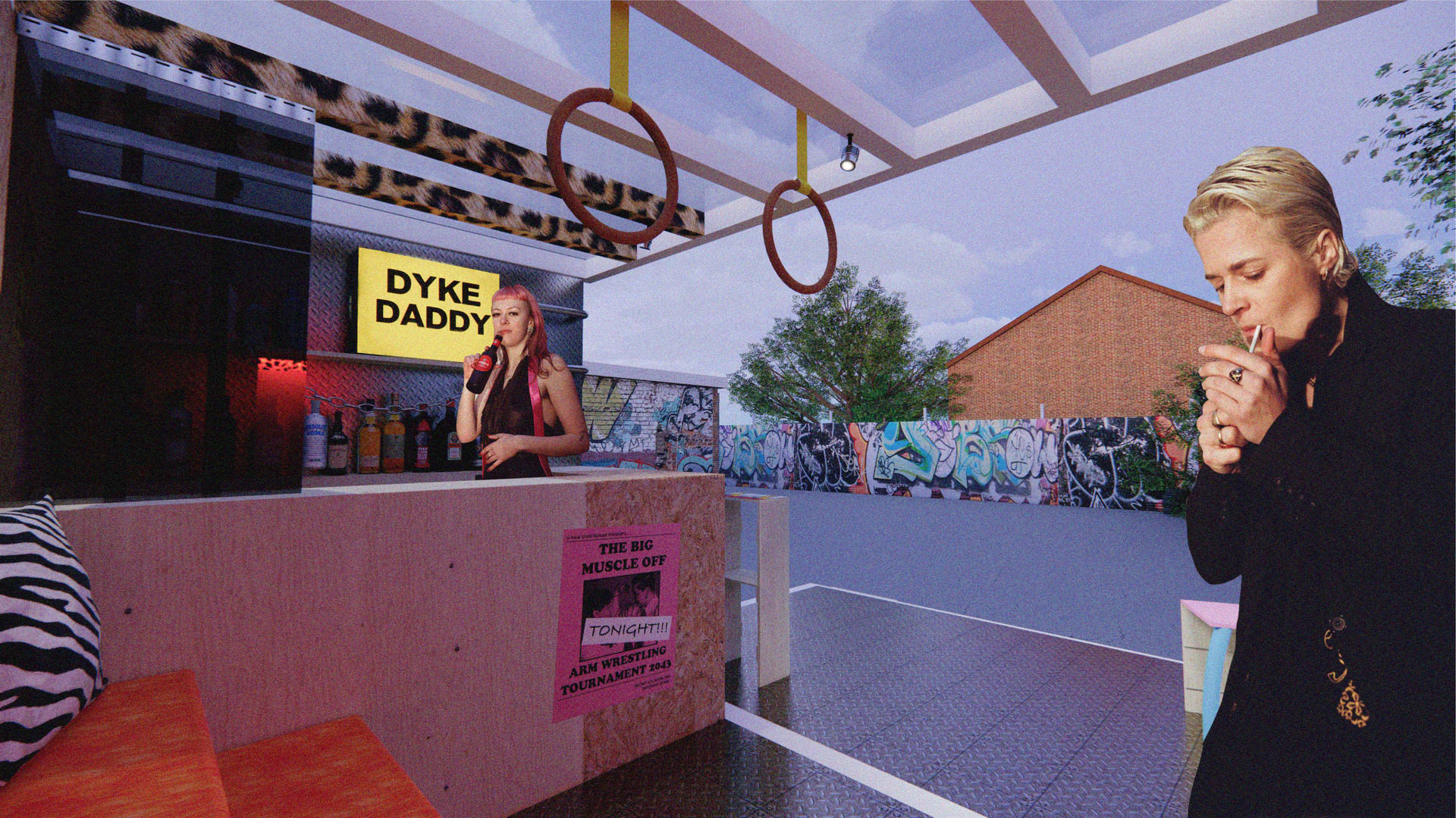 Image of mobile dyke bar from the sofa at dusk, with a woman smoking in the foreground and a bartender drinking a beer