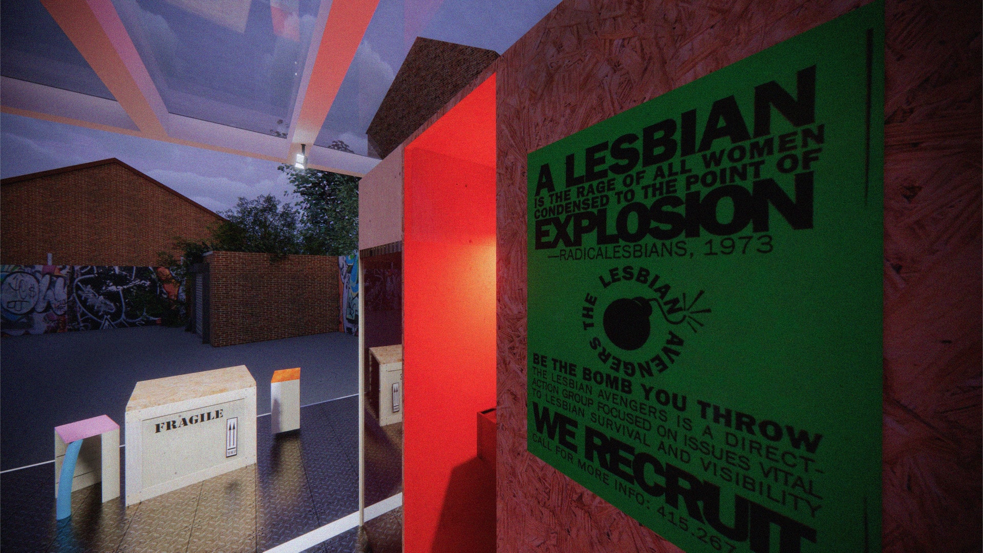 Detail render of the mobile dyke bar looking to the toilet, which is glowing red. On the wall is a green Lesbian Avengers poster