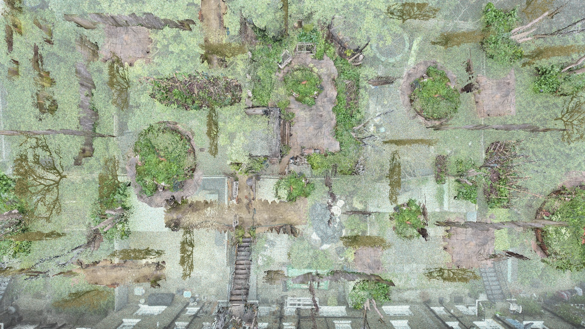 Bird's eye view of back gardens with fragments of gardens from 3d scan overlapping existing boundary elements and fences