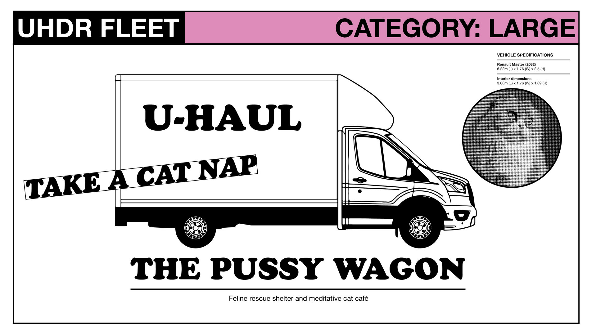 Section drawing of The Pussy Wagon, set in a Luton van - feline rescue shelter and cat cafe