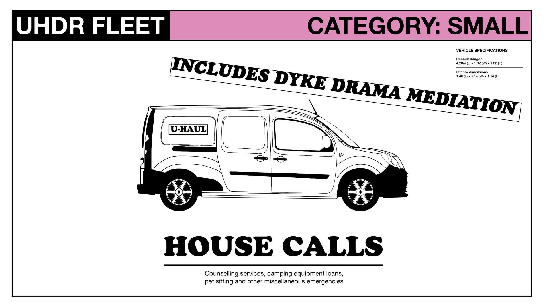 Section drawing of a small van available for house calls, specialising in dyke drama mediation