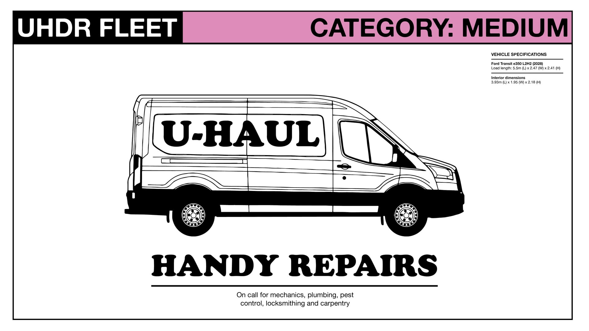 Section drawing of van available for handy repairs: mechanics, plumbing, pest control etc