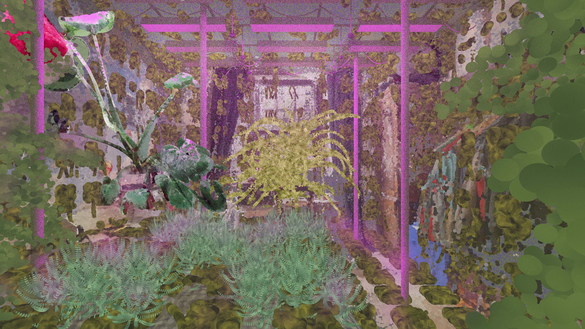 Image of a 3d scan of a bedroom with plants growing everywhere and pink grow lights and irrigation infrastructure installed