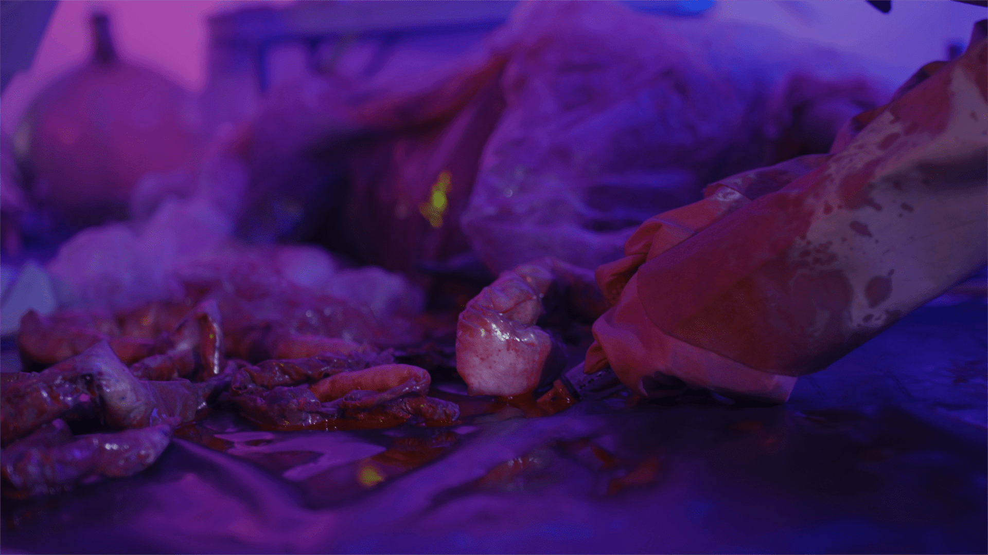 Still from Artist's film entitled True Medicine. Fake blood is extracted by a syringe.