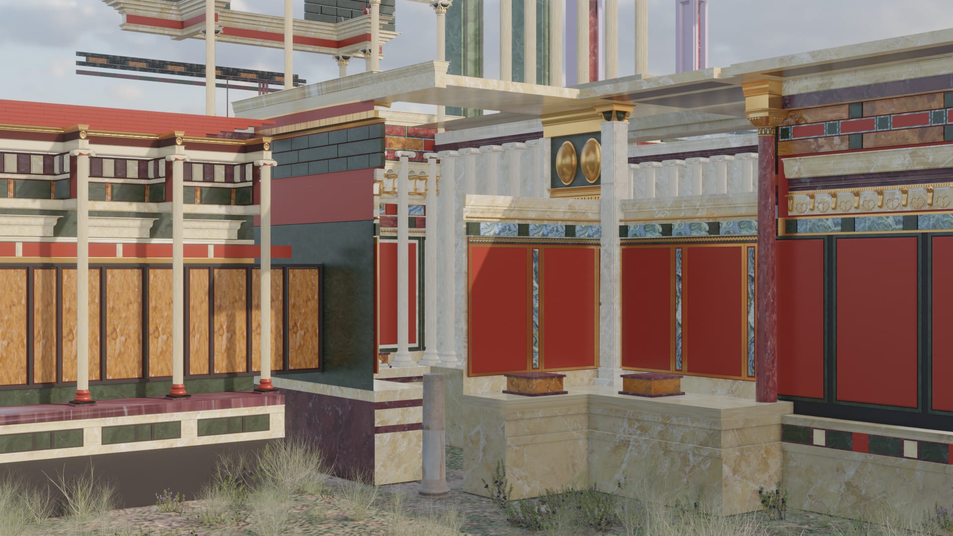 Architectural elements collaged in 3D landscape