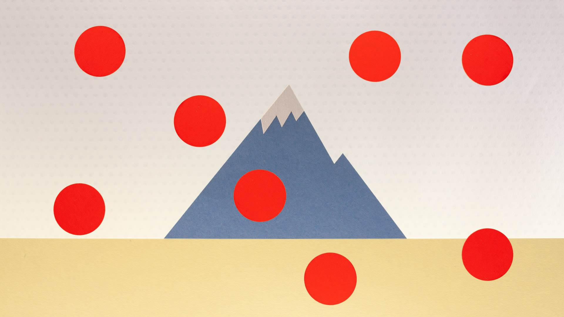 Made of paper, ground plane (light yellow), a white dotted sky, a pale blue mountain. 8 red dots overlayed. 