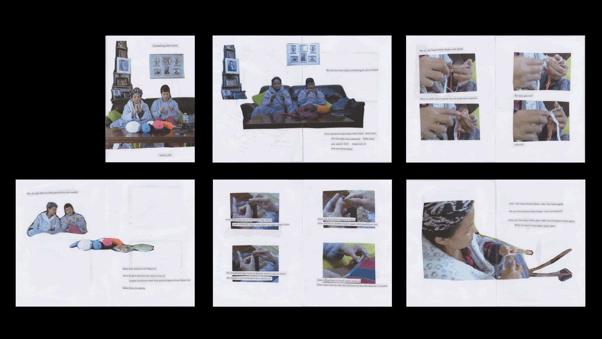 A5 publication made through cut and paste collage of images and transcript from crocheting with Ashmina's mother video