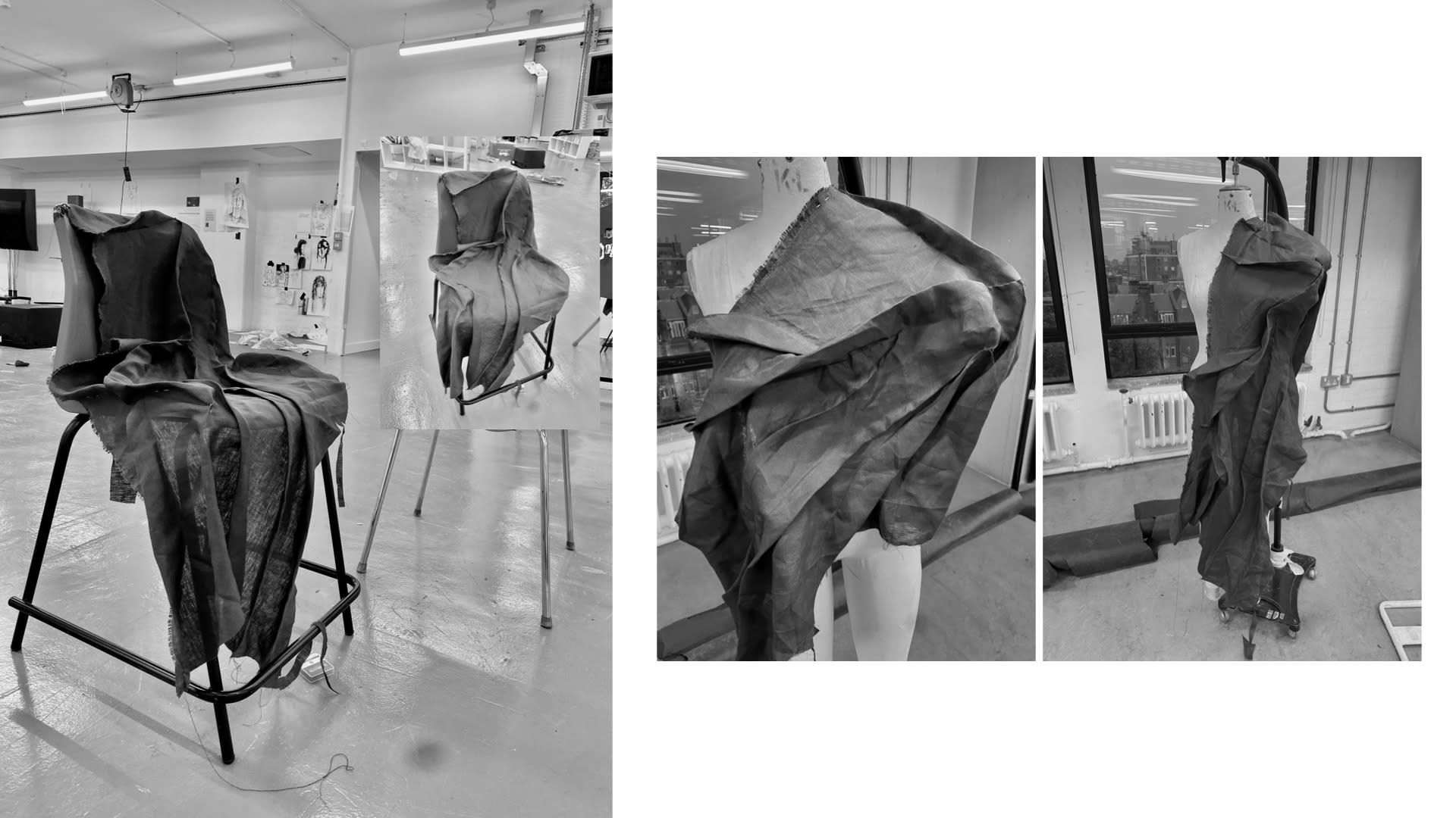Fabric draped onto chair with darts. Drape work on stand.