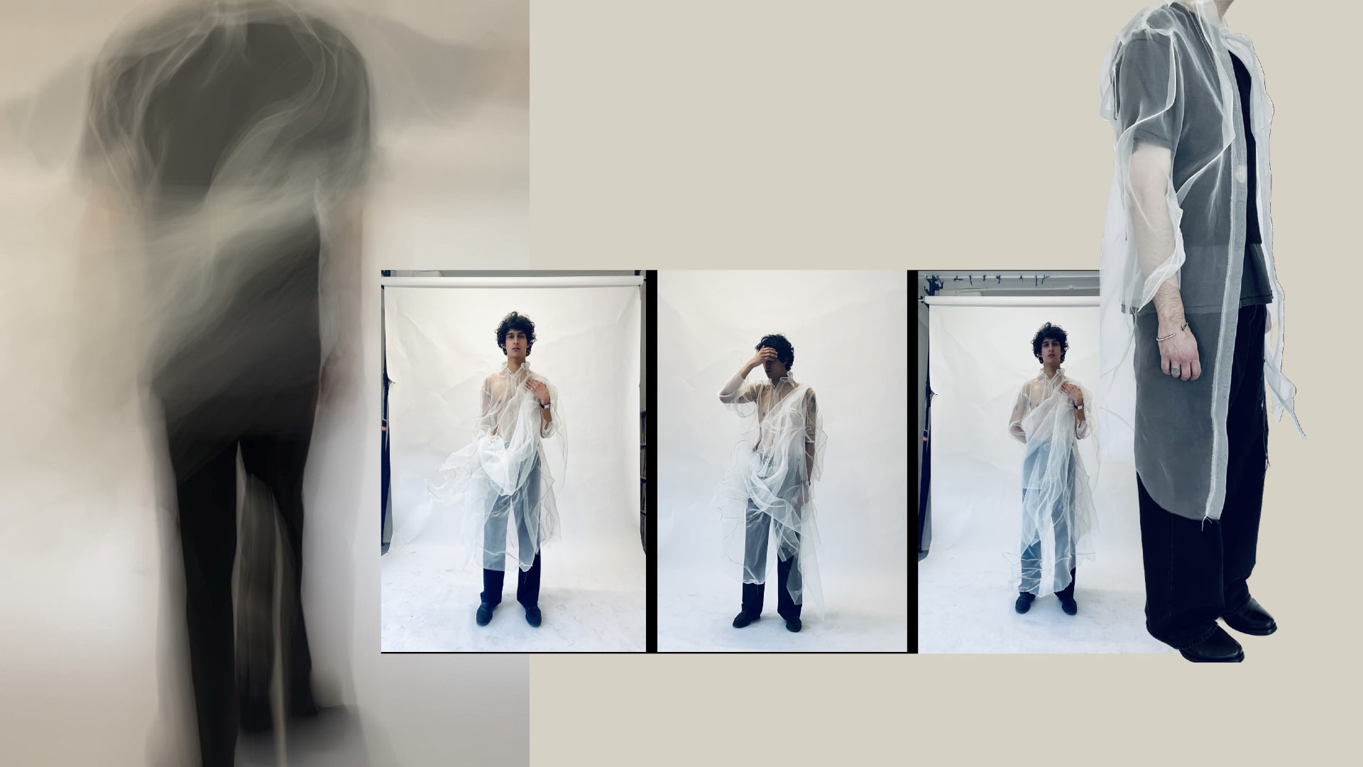 Drape work on model with piña fabric and rattan shirt. 