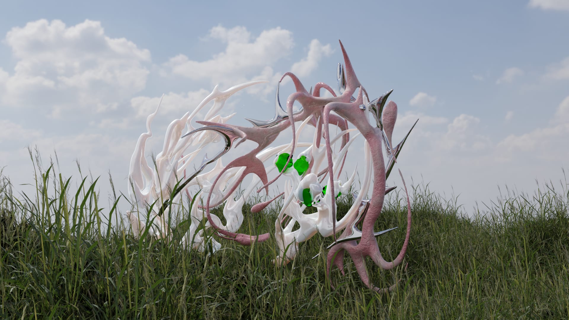 3D model with bionic structure set on grass with blue sky as background