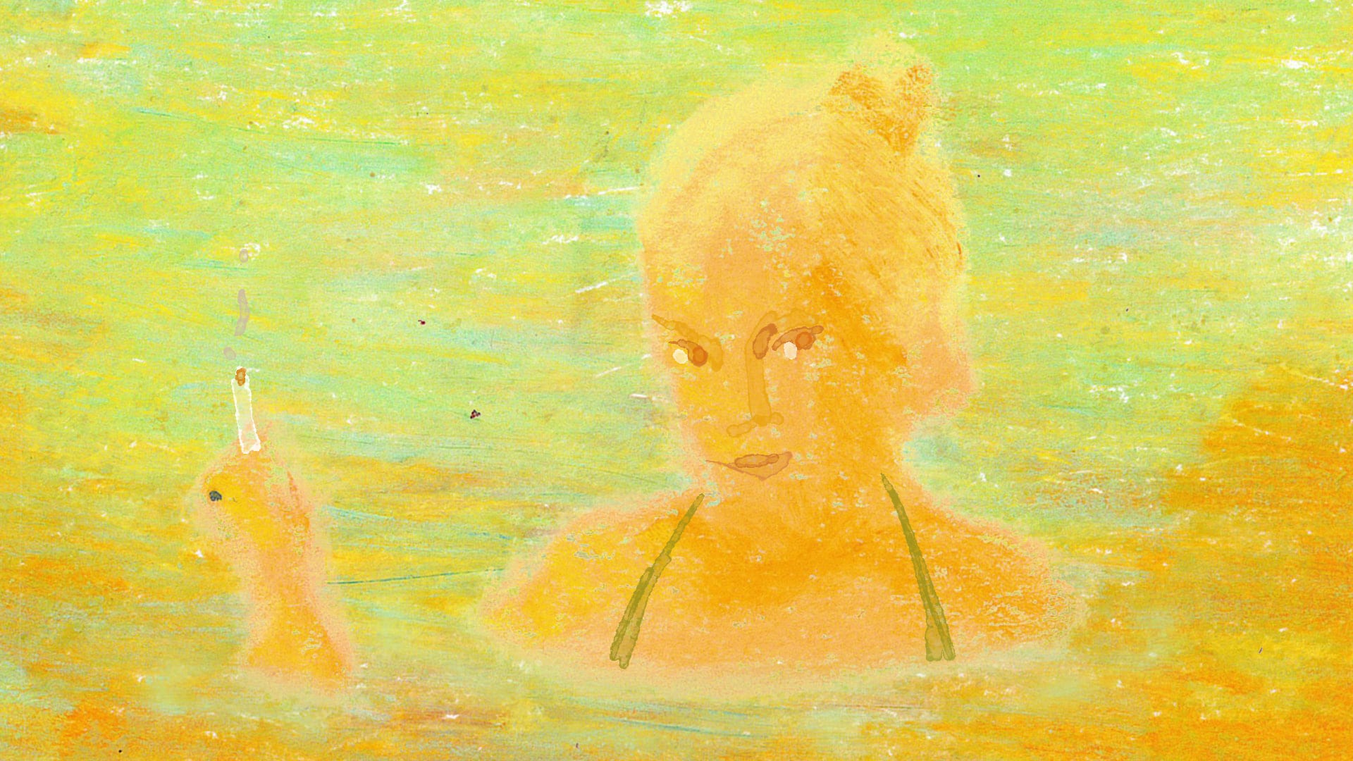 An illustration of a girl swimming in a lake, holding a cigarette in her hand.