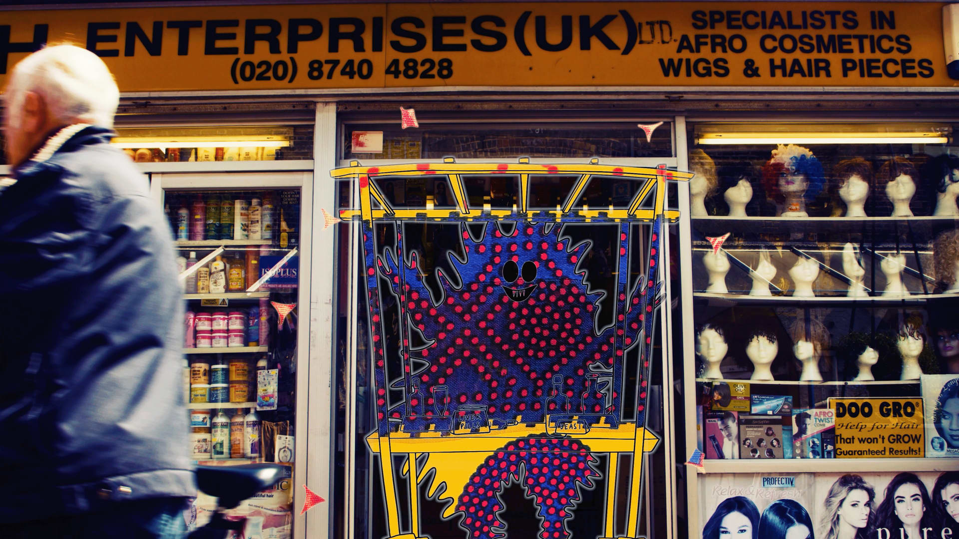 Screenshot of film, a ghost makes explosive devices outside a wig store