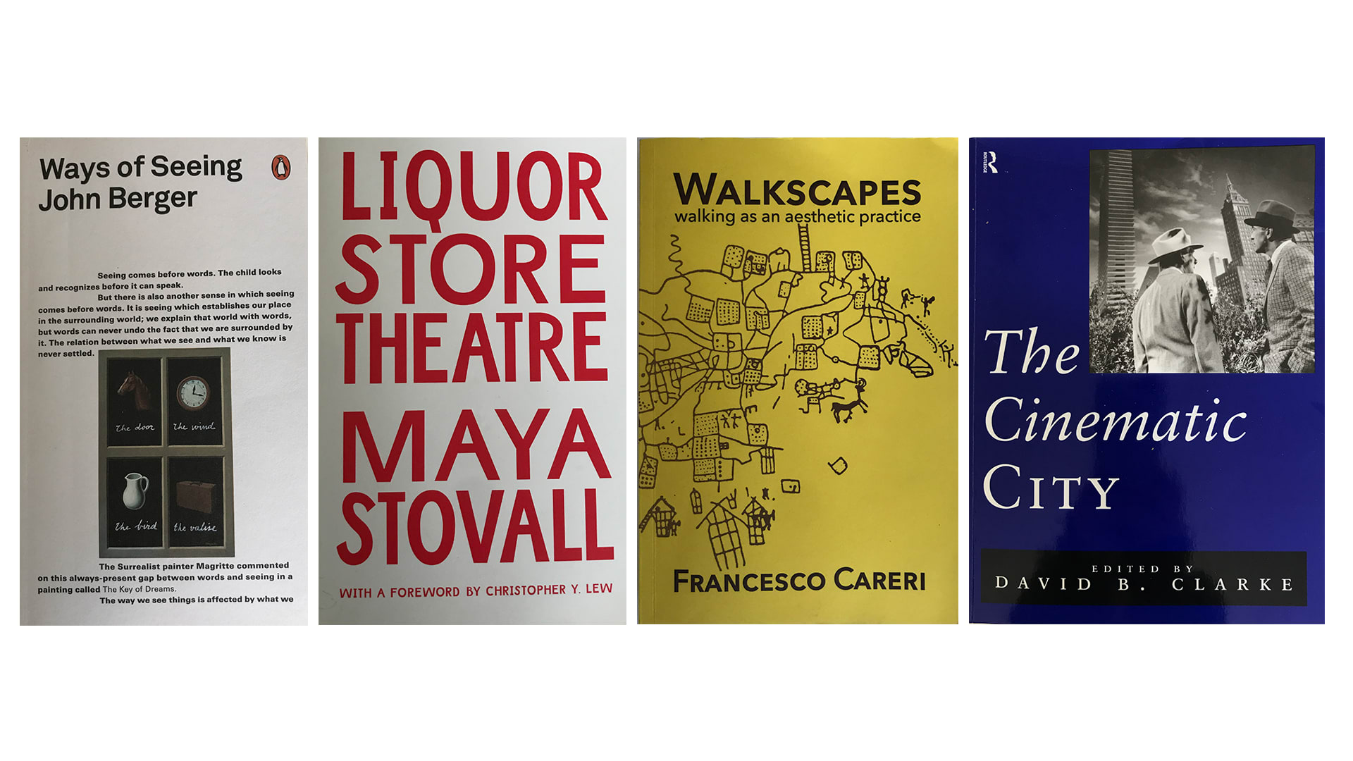 Selection of books related to art, cinema, cities, walking, ethnography