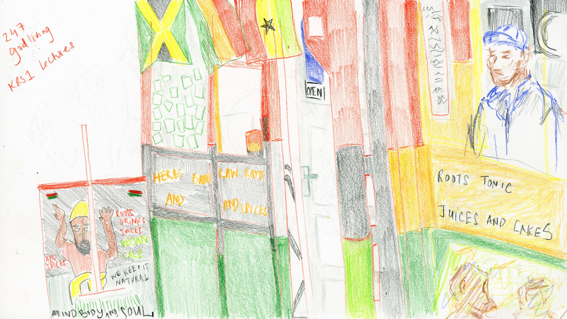 Sketchbook color pencil drawing on site of Shepherd's Bush Market, herbal store