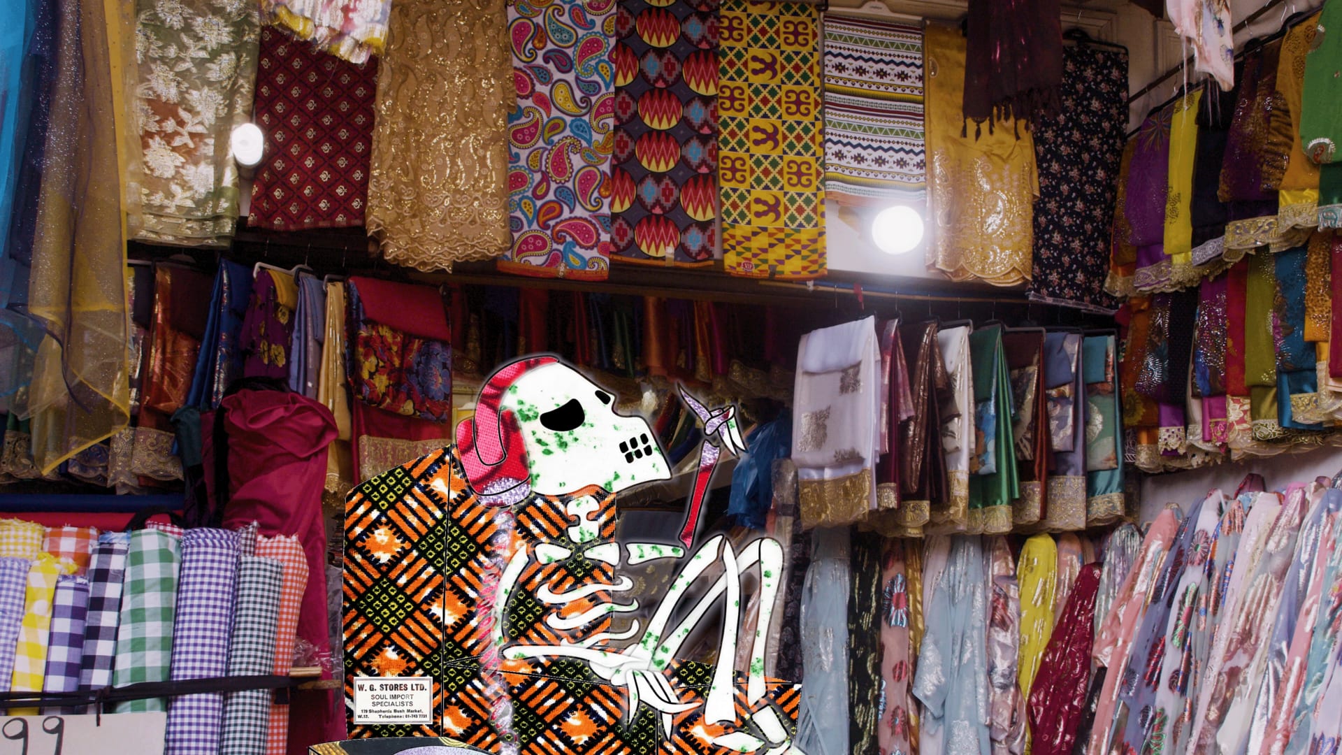 Screenshot of film, a ghost listens to records in a fabric store 