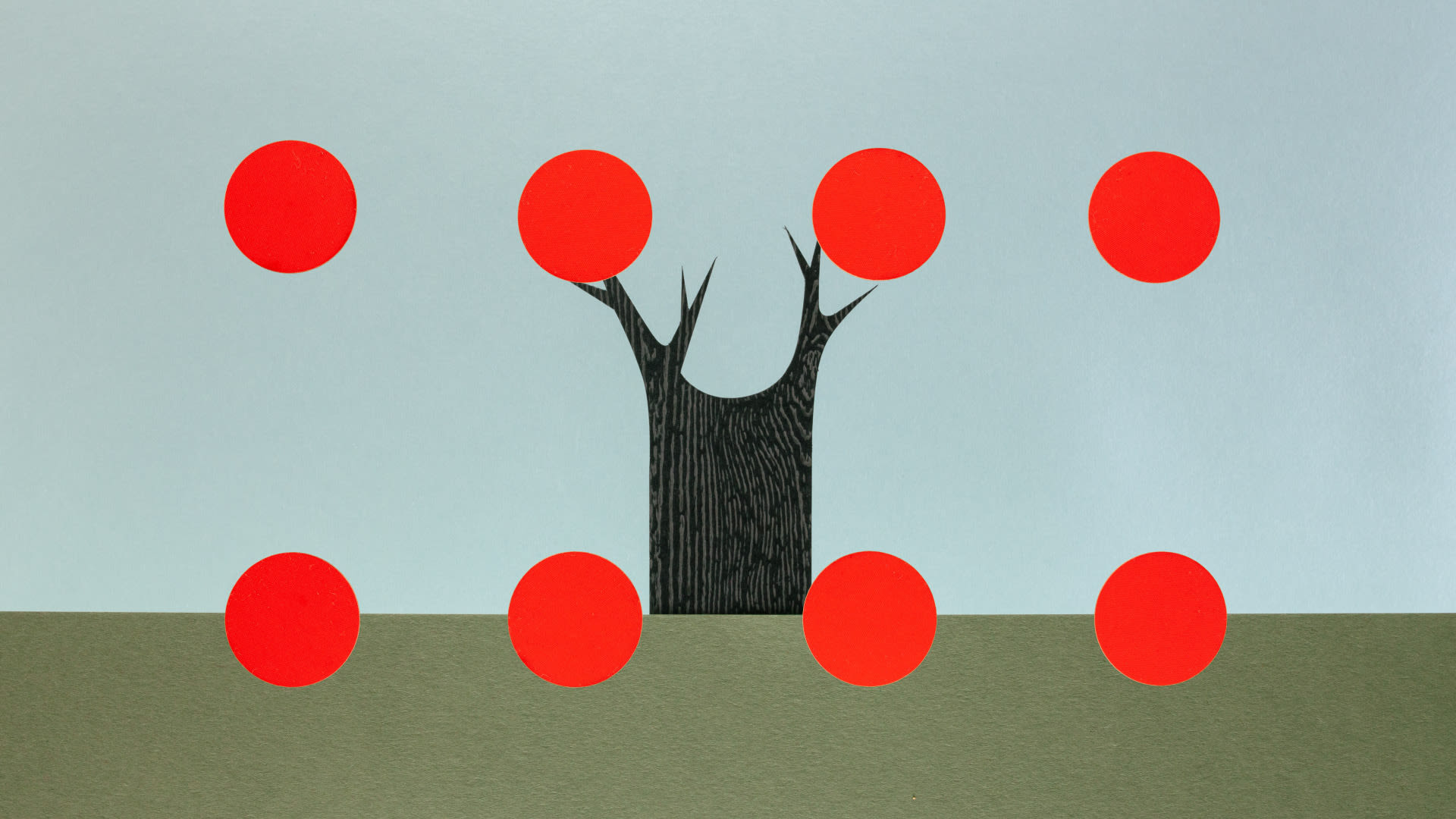 Paper scene with tree, grass, sky. 8 red dots arranged in grid overlayed. 