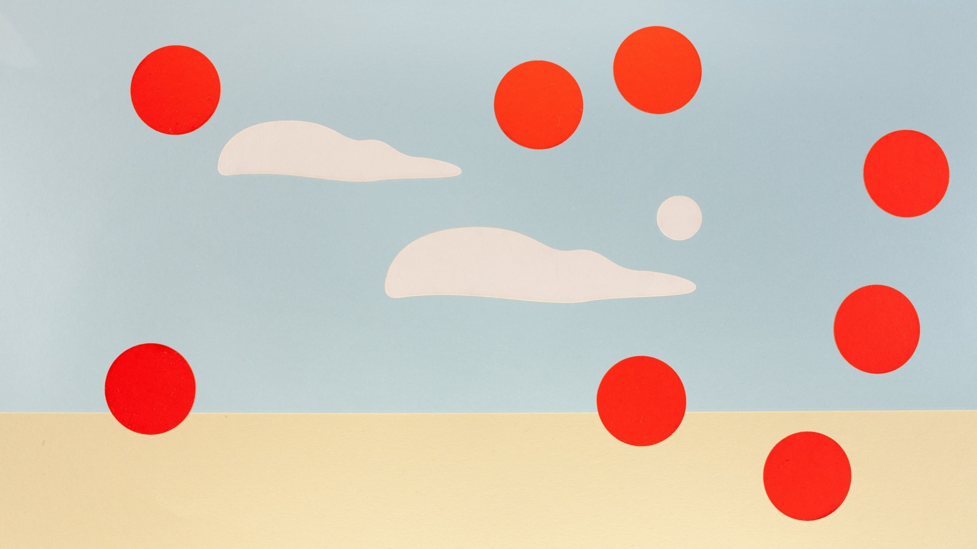 Paper landscape with ground, sky and clouds. 8 red dots arranged as overlay.