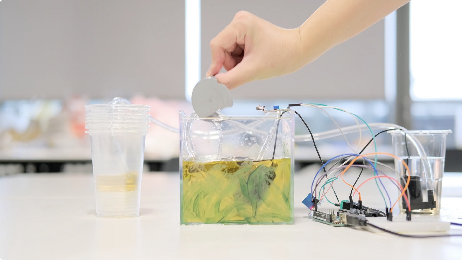 We utilized two pumps, an infrared sensor, a 5V relay, an Arduino, and a 5V DC power adapter for this
project. 