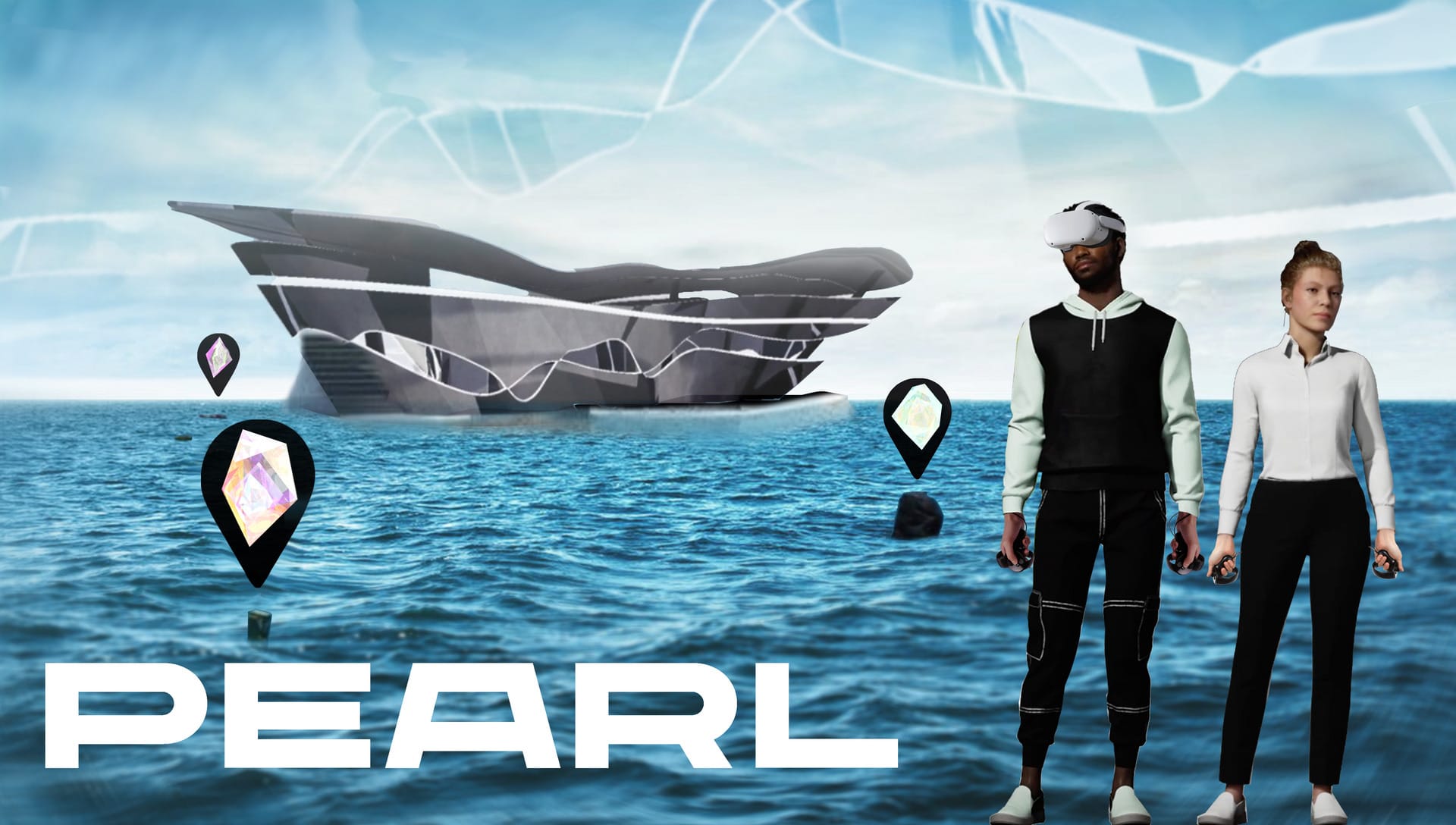 A render of two people wearing VR headsets standing in front of a floating building.