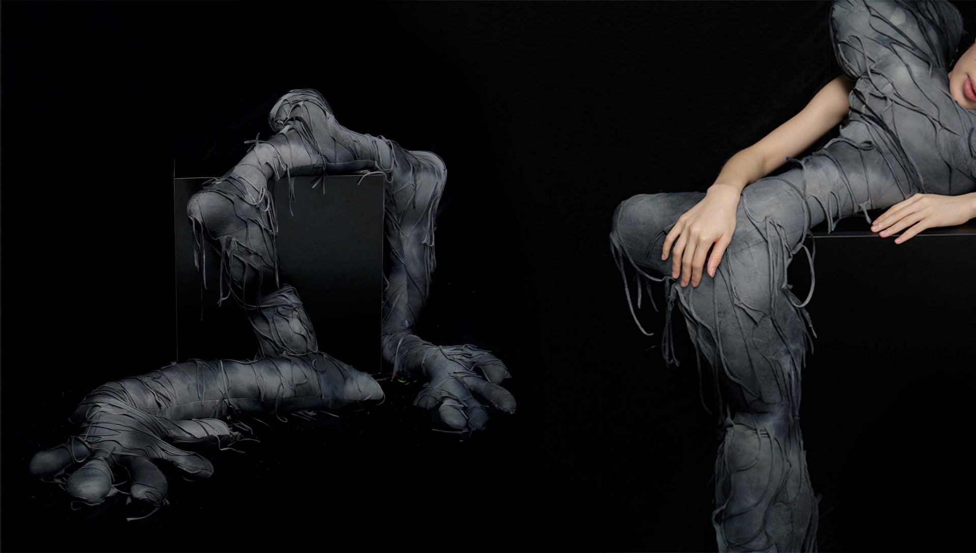 A human-shaped pillow sewn from tie-dye fabric.