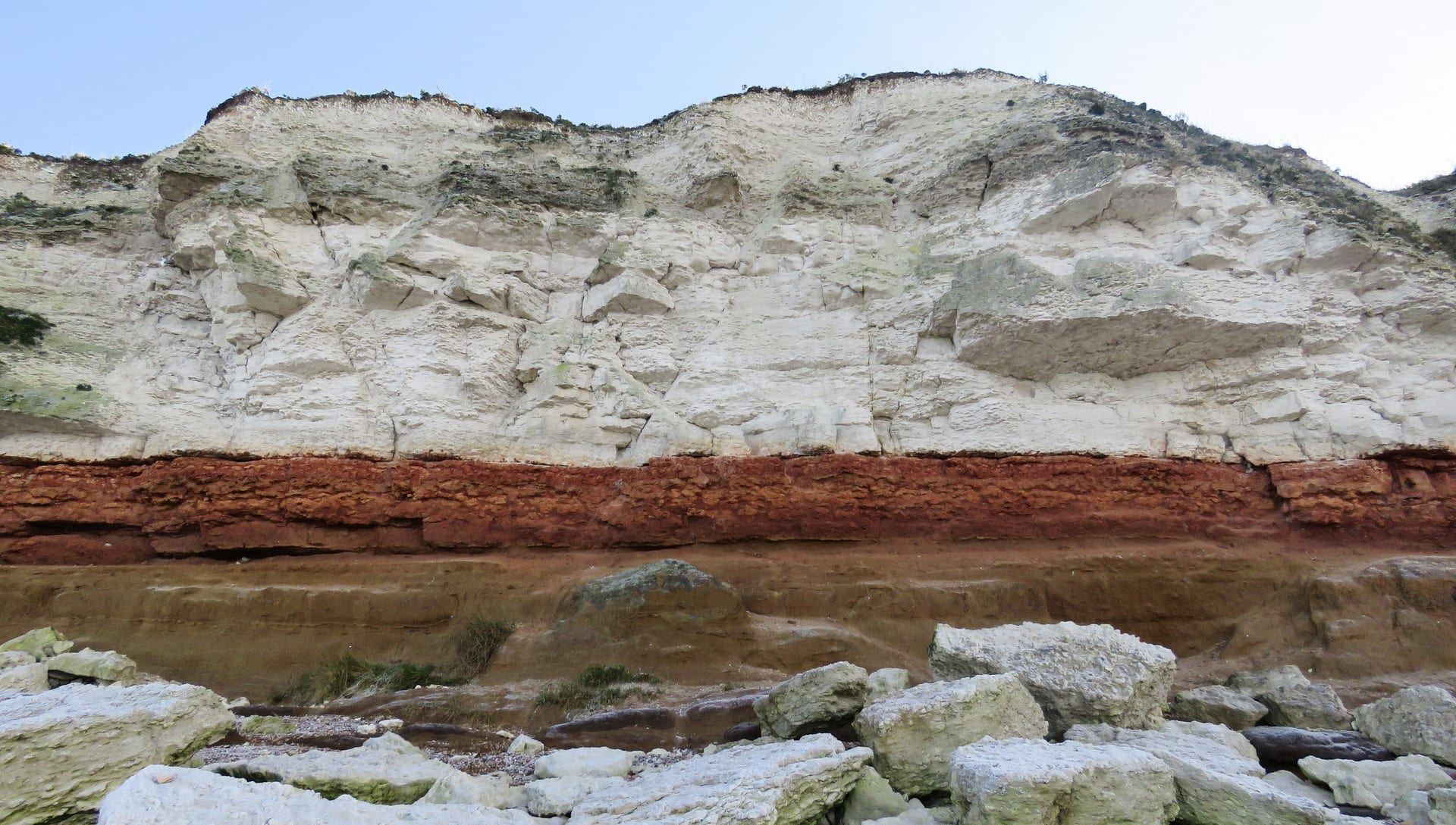 The cliffs of Hunstanton. Showing white chalk, red chalk, and sandstone. 