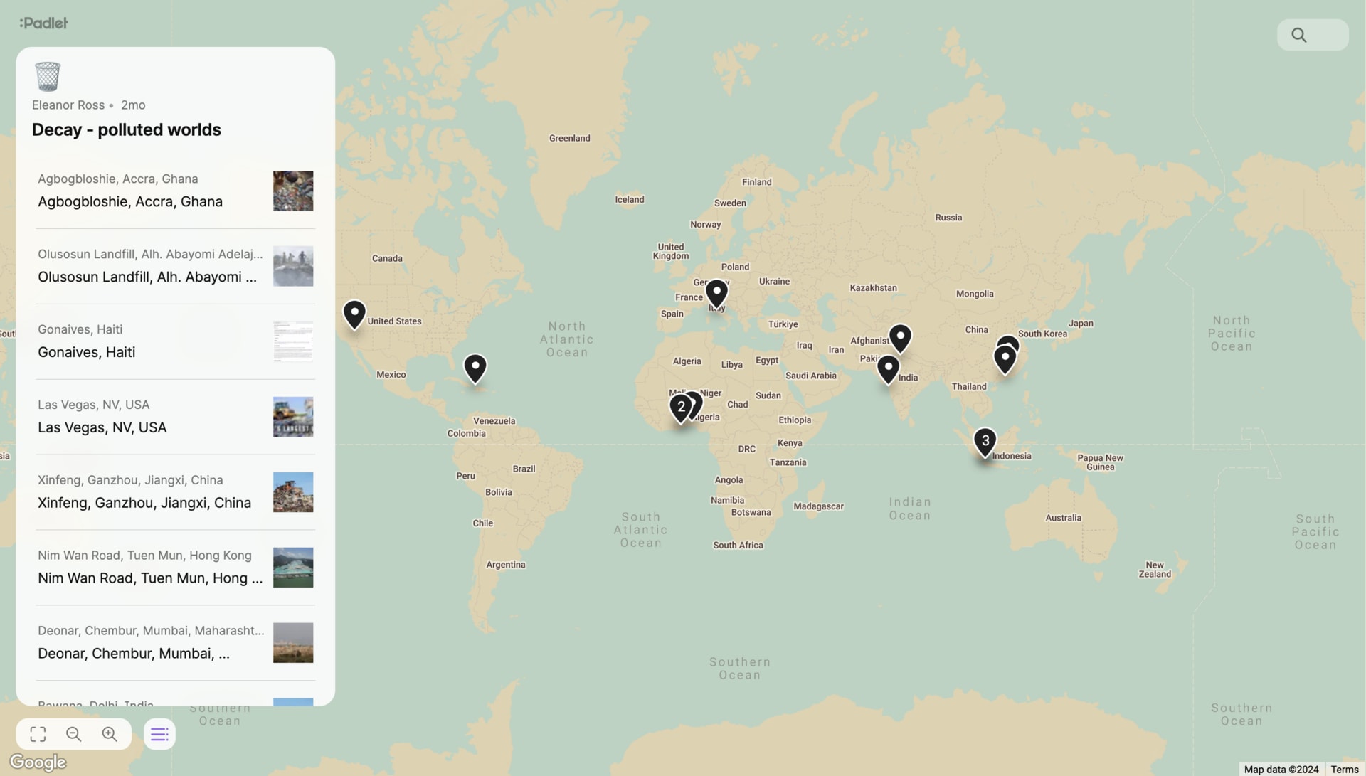 A world map that pinpoints various locations tagged as "Polluted Worlds"