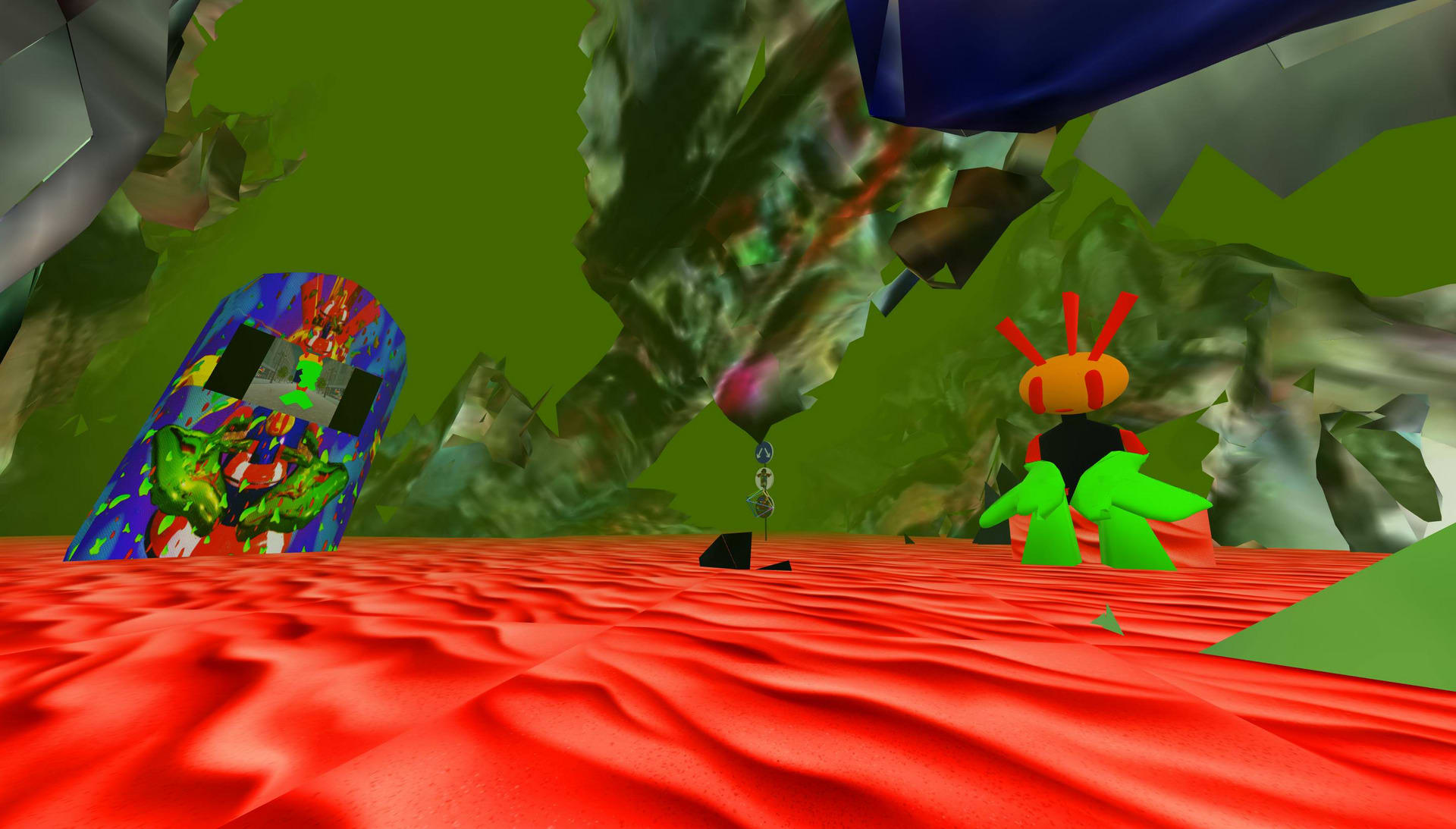 A screenshot of a desert, with scanned in ruins of a haberdashery and a colourful cartoon character in the centre.