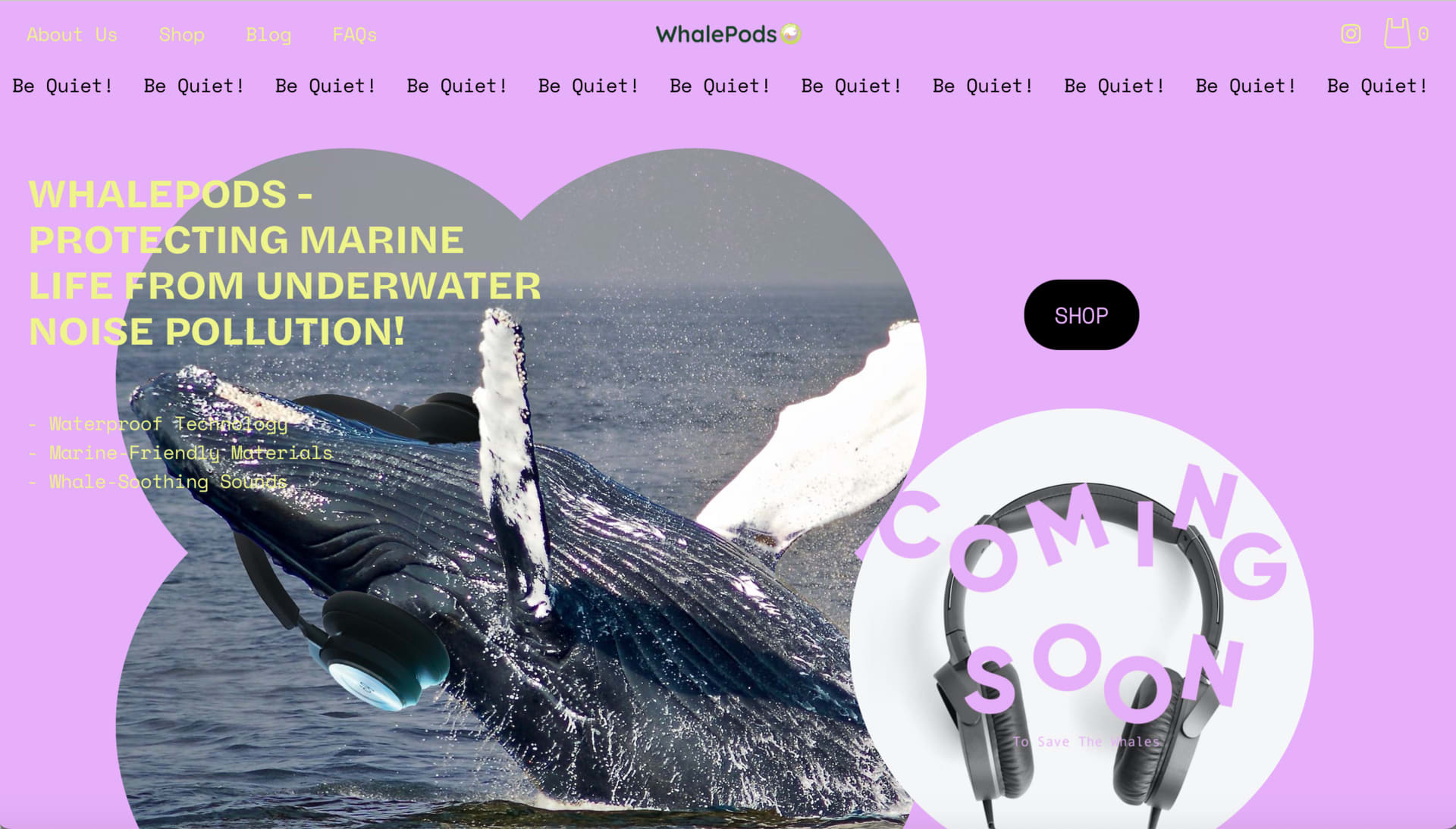 WhalePods website launch page, purple background with whale diving out of water wearing headphones 