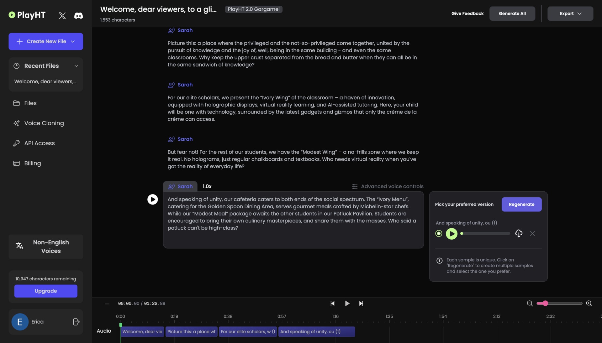 Process of developing the A.I. audio renders for the film, using PlayHT AI software.