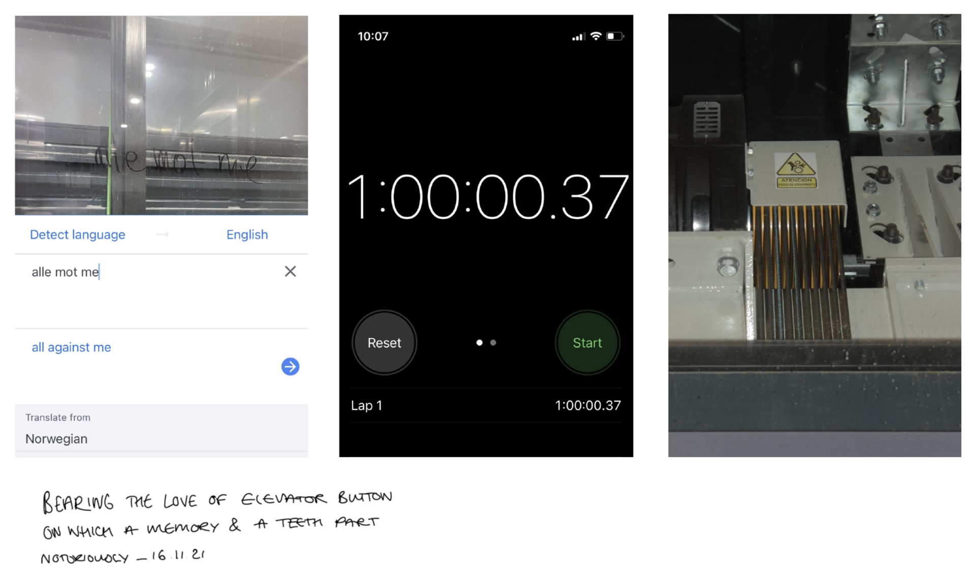 three images: alle mot me translated to all against me, timer saying 1 hr, elevator gears