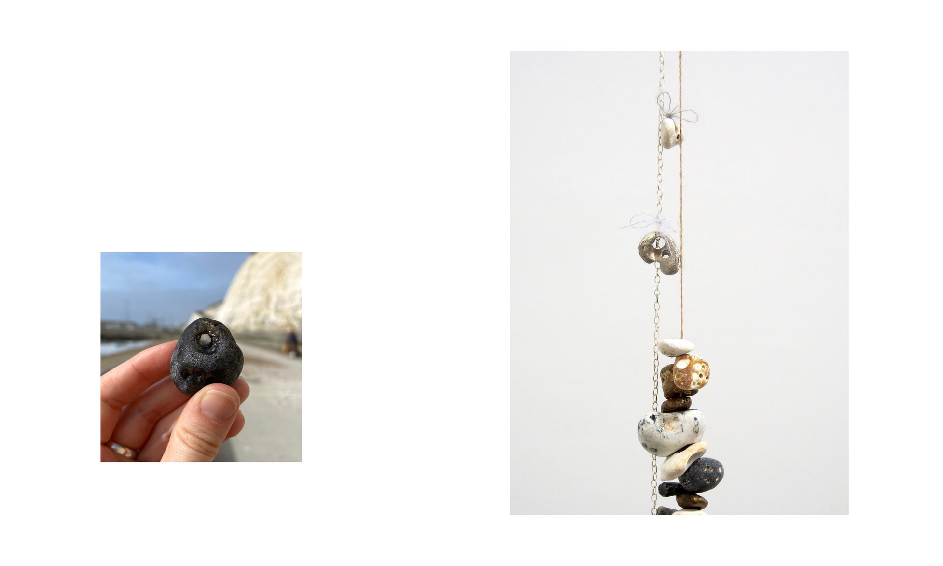 Detail image of rocks suspended from twine and silver chain.