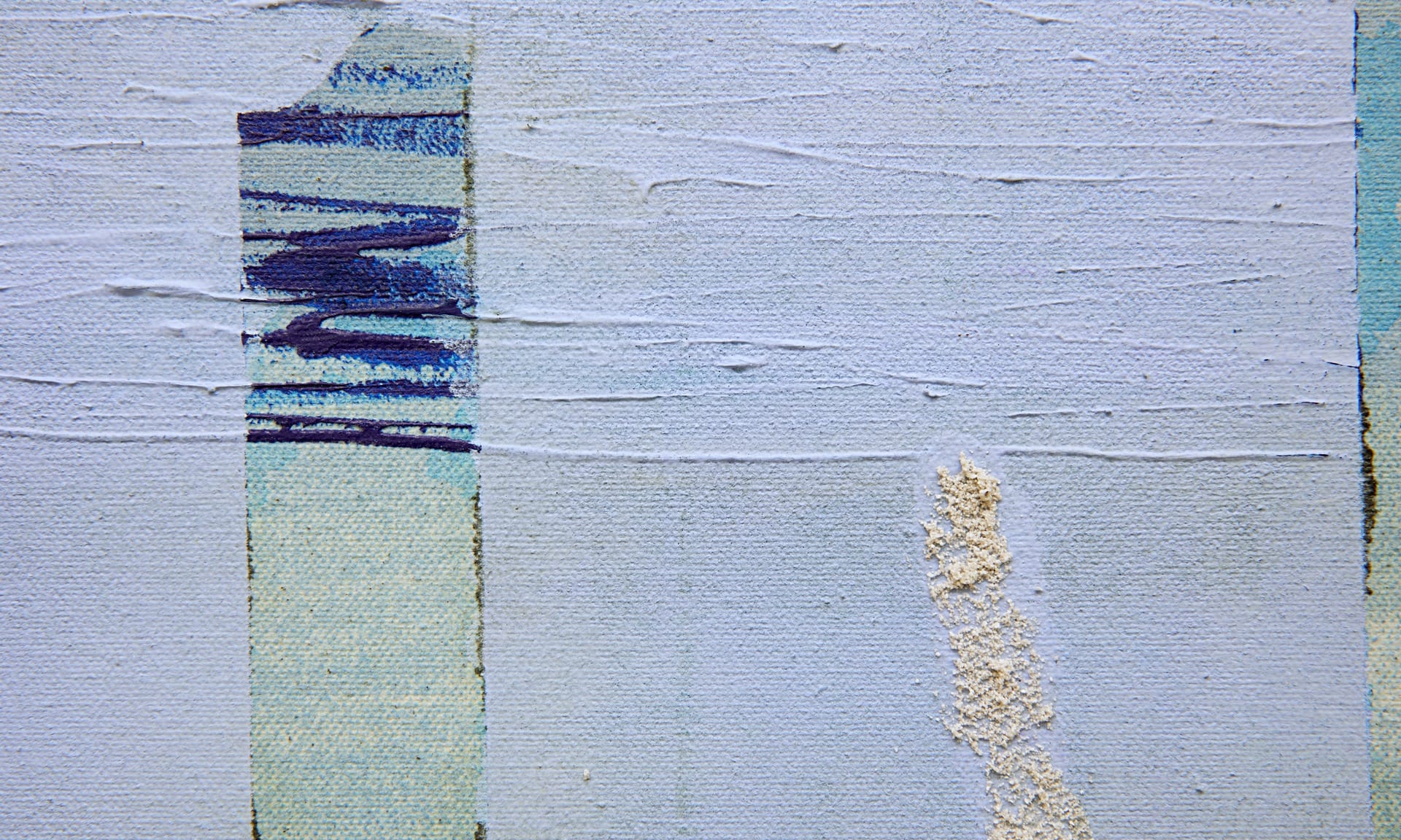 Detail showing texture paste on the right. horizontal acrylic marks at the top. A masked section reveals greenish hue underneath