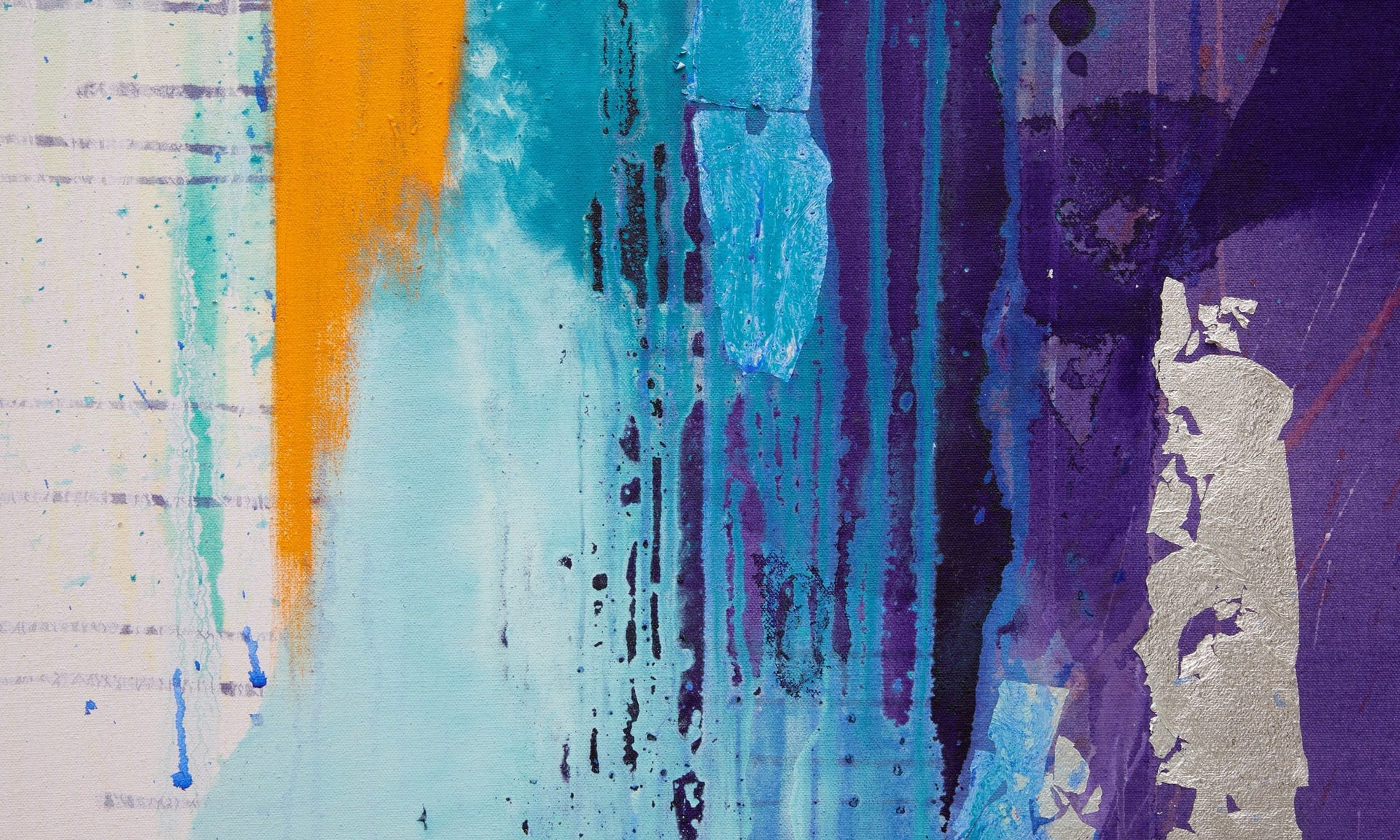 Detail of painting showing the bottom of the cadmium yellow top stripe. Purple left, blue middle, pinkish white left. watery.