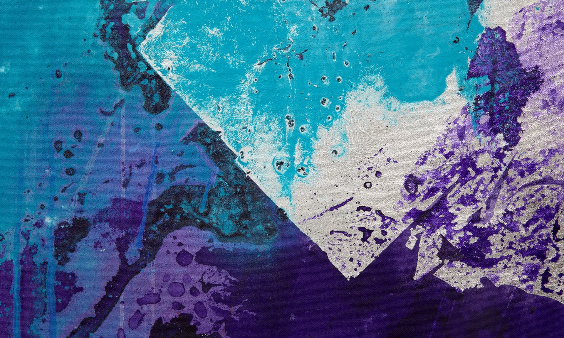 Silver leaf detail. purple and turquoise splash background with large imitation silver leaf square at a 45 degree angle. 