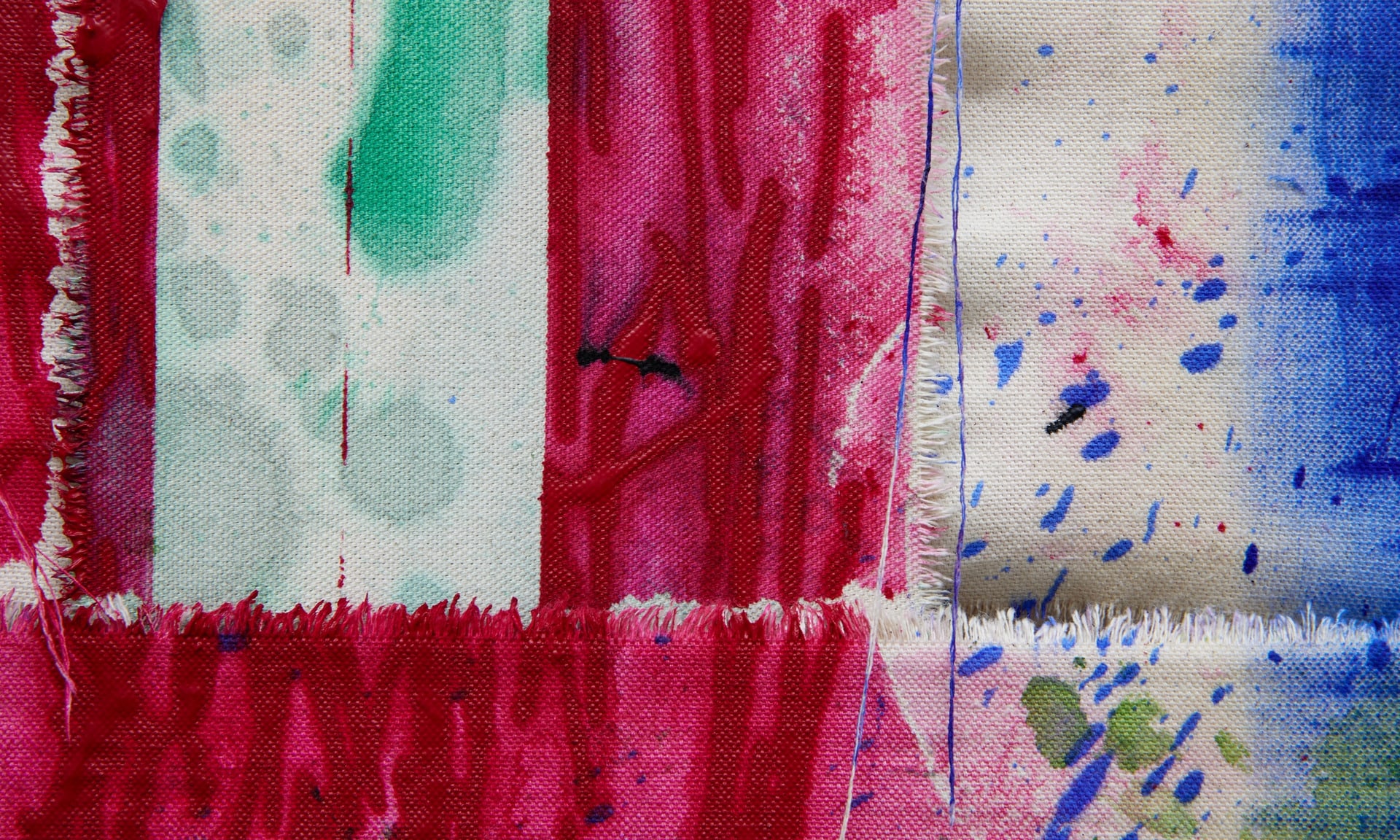 Detail of red stripe. Shows weaving bandages, acrylic detail in bold red. Stained canvas stripes with green hazes. 