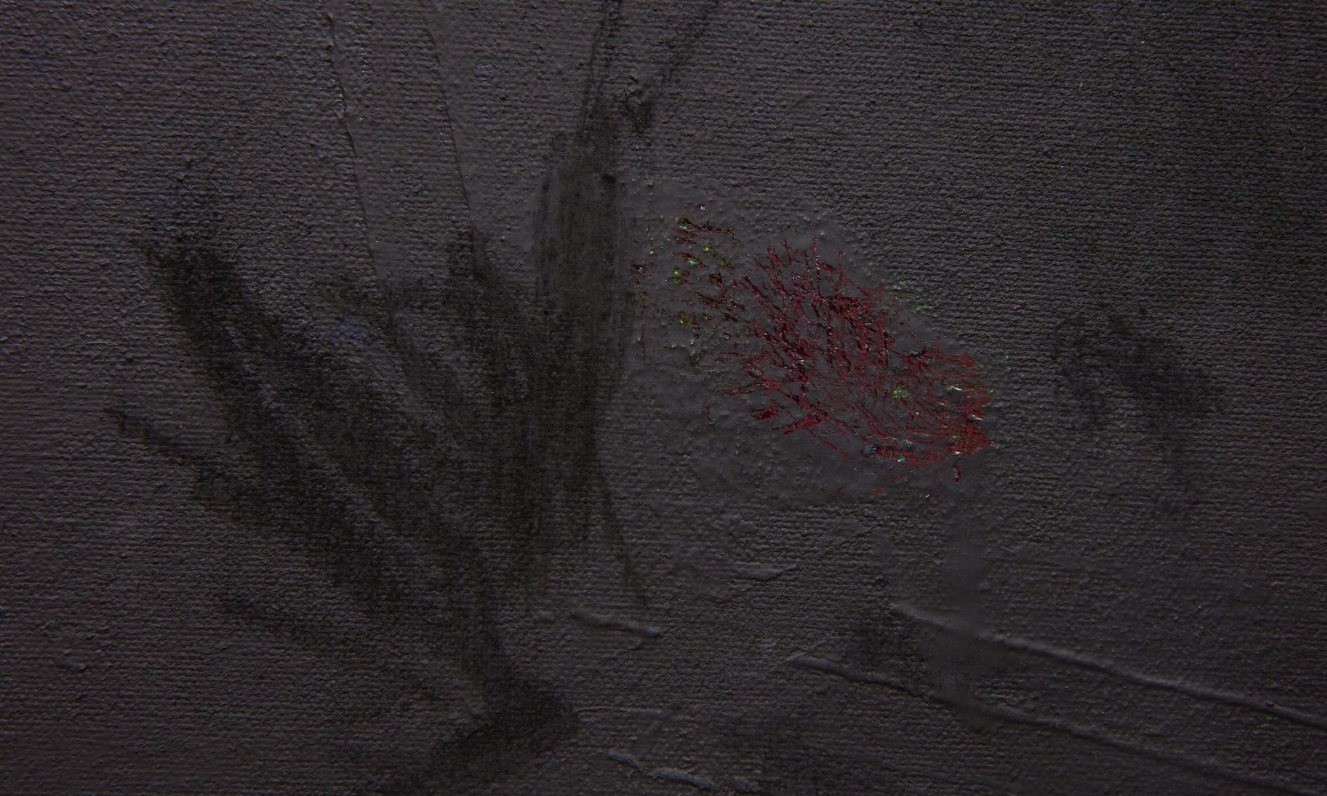 Detail of painting, showing acrylic lines, charcoal details and red oil painting scratched through to the surface. 