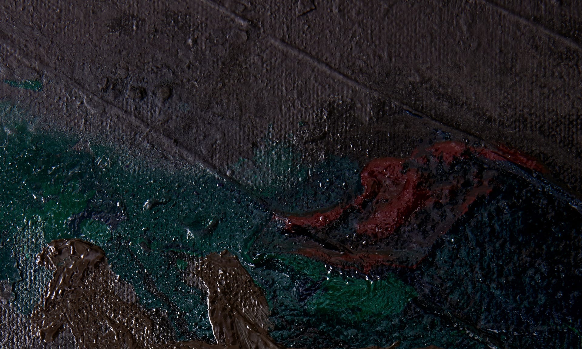 Detail of painting, showing subtle greens and blues. Bold red patches and acrylic texture lines. 