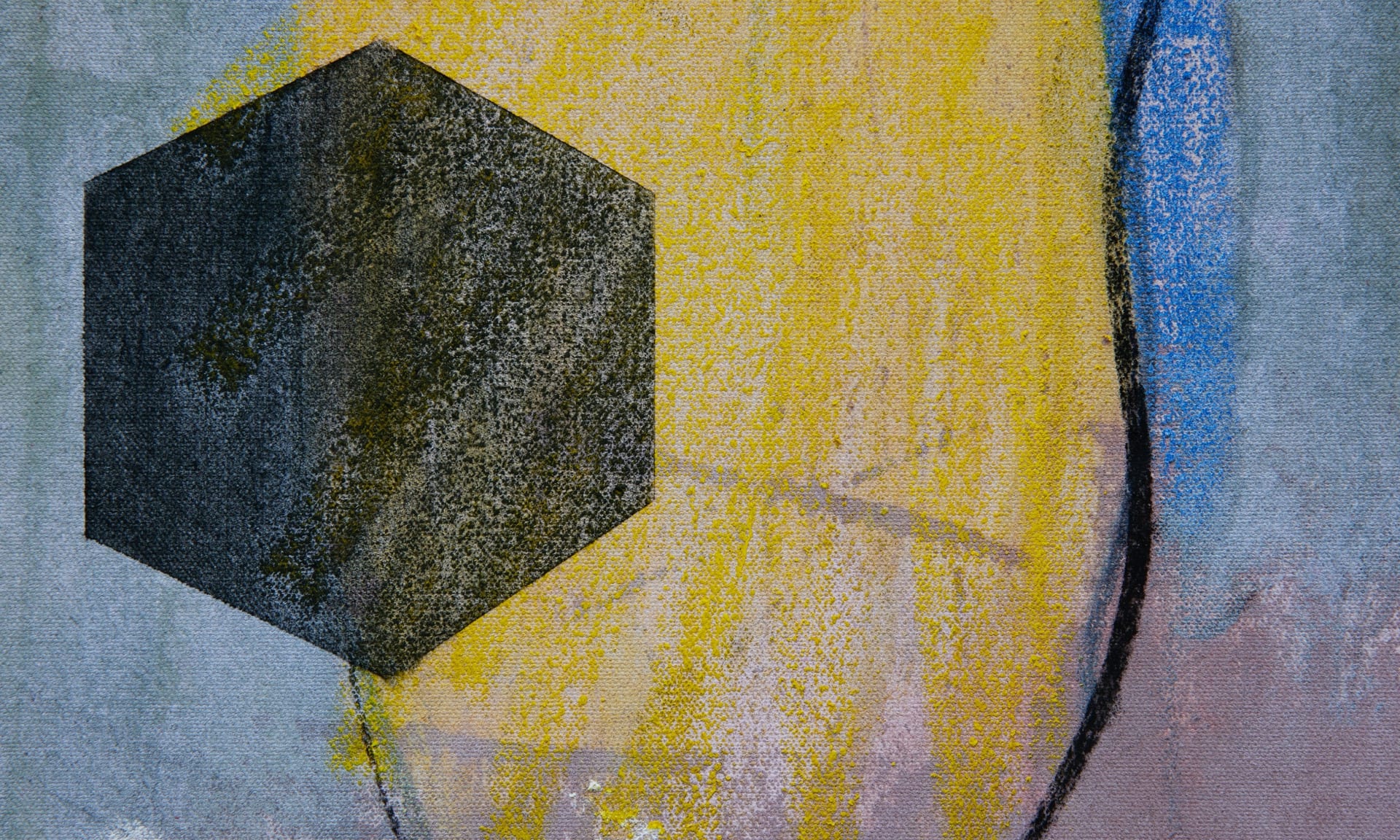 Detail of charcoal hexagon, layered on top of central yellow marks, charcoal line on the right with blue mark and green surround