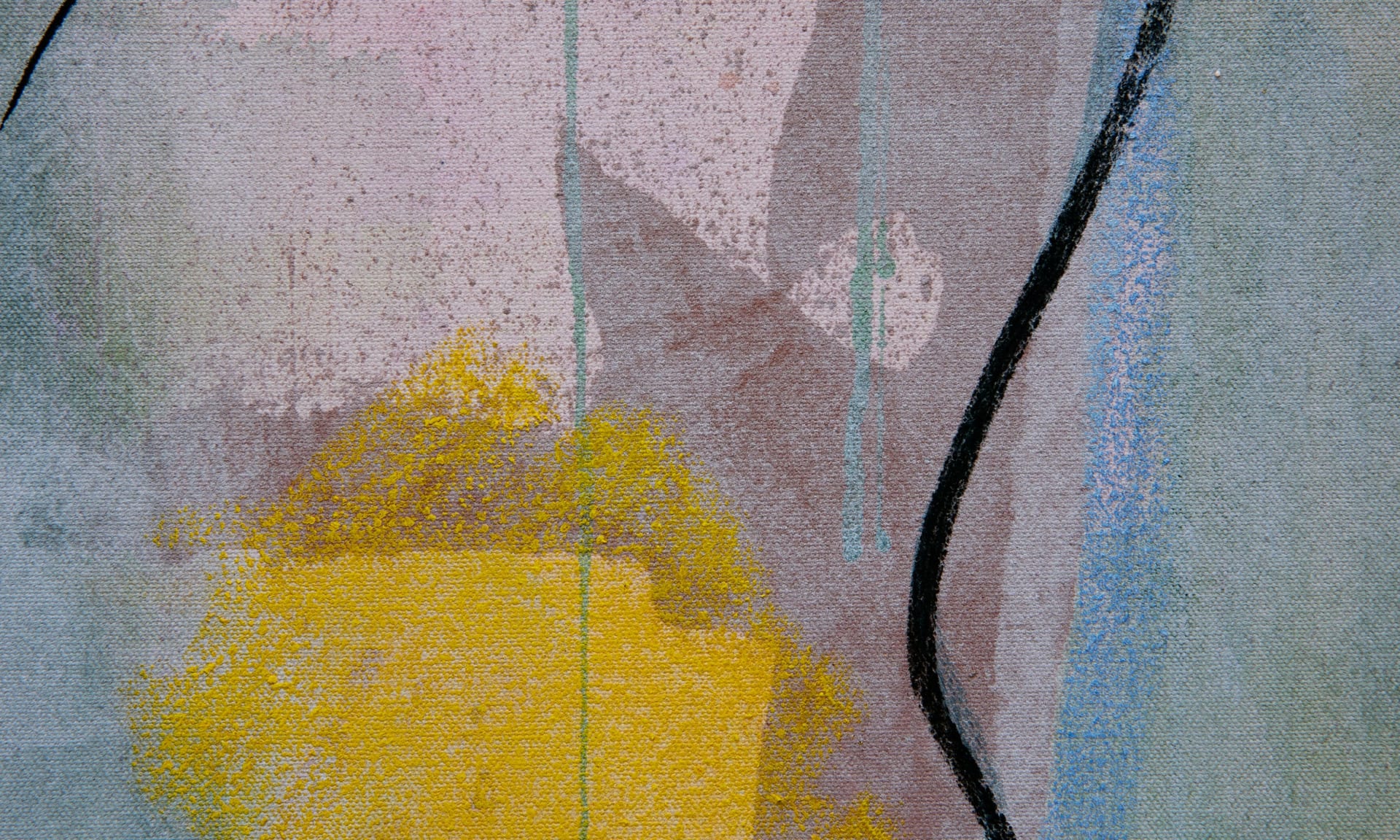 Detail of under painting, yellow scribble bottom middle, charcoal line on the right intersected with blue line. Green and brown.