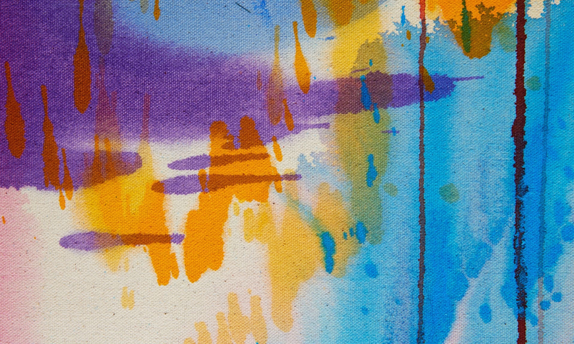 Detail of painting. Purple stains going right and blue stains going upwards. Cadmium yellow drips going upwards. 