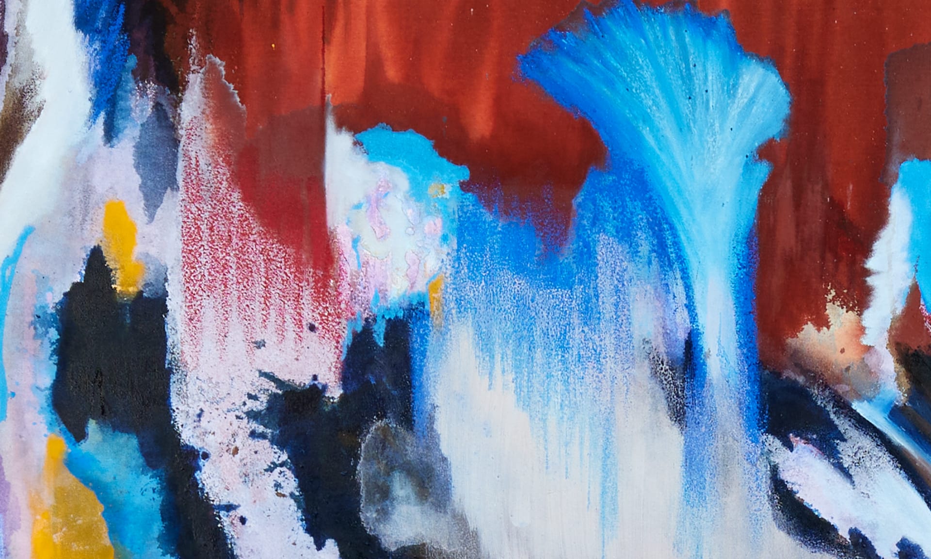 Close up of top section of painting. Reds and blues fall down the canvas from bold brown section at the top into a white abyss.